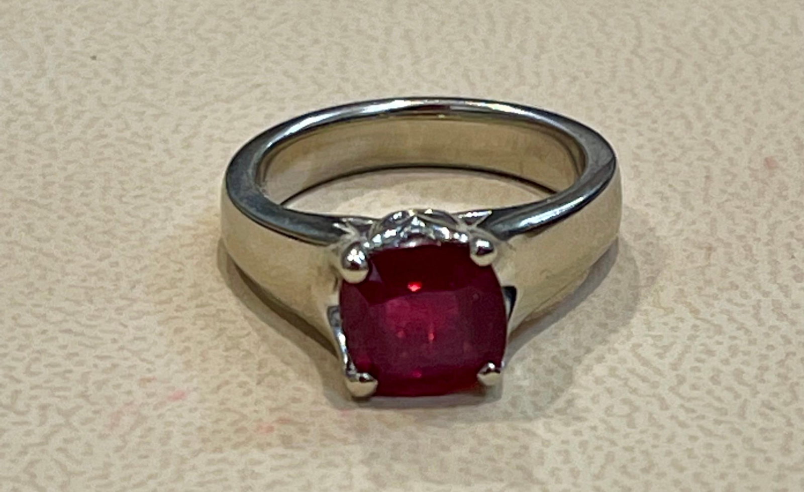 3.5 Carat Cushion Treated Ruby 14 Karat White Gold Ring - 6