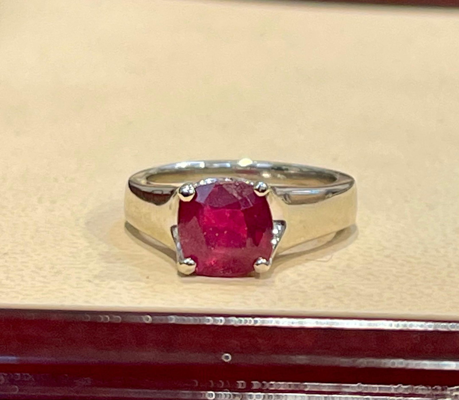 3.5 Carat Cushion Treated Ruby 14 Karat White Gold Ring - 8
