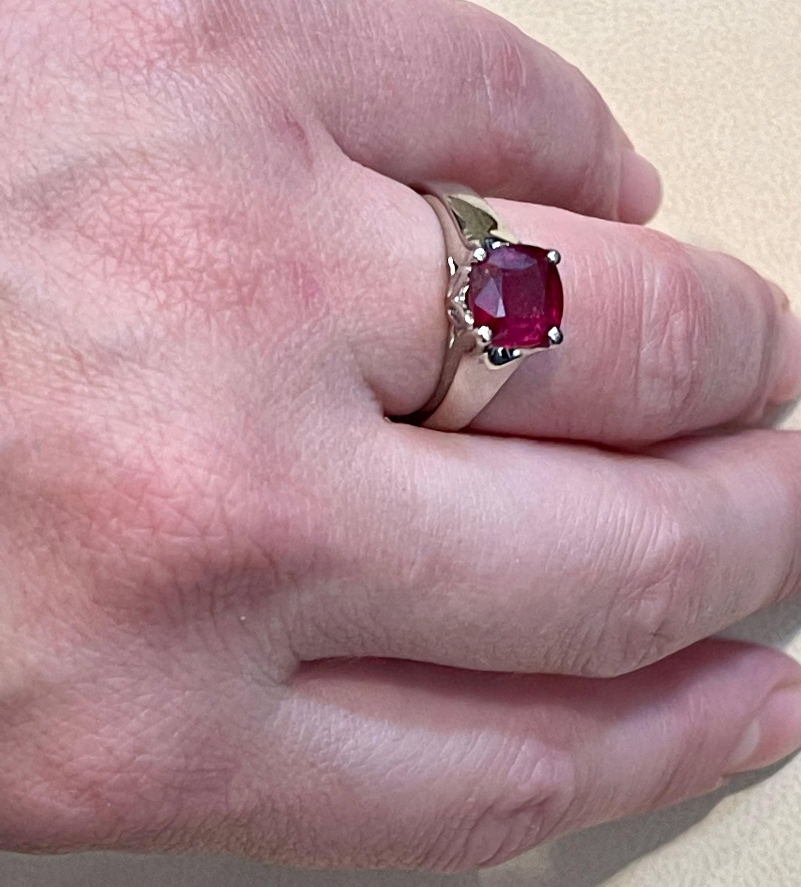 3.5 Carat Cushion Treated Ruby 14 Karat White Gold Ring - 9