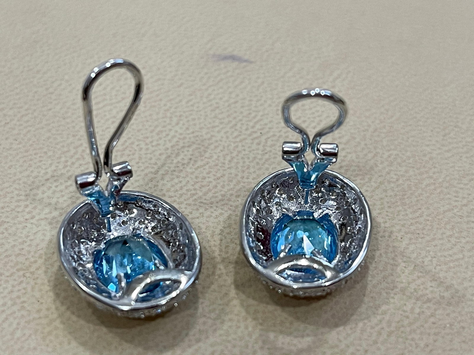 5 Carat Oval Shape Blue Topaz and Diamond Omega Back Clip Earring 14 Karat Gold - 11