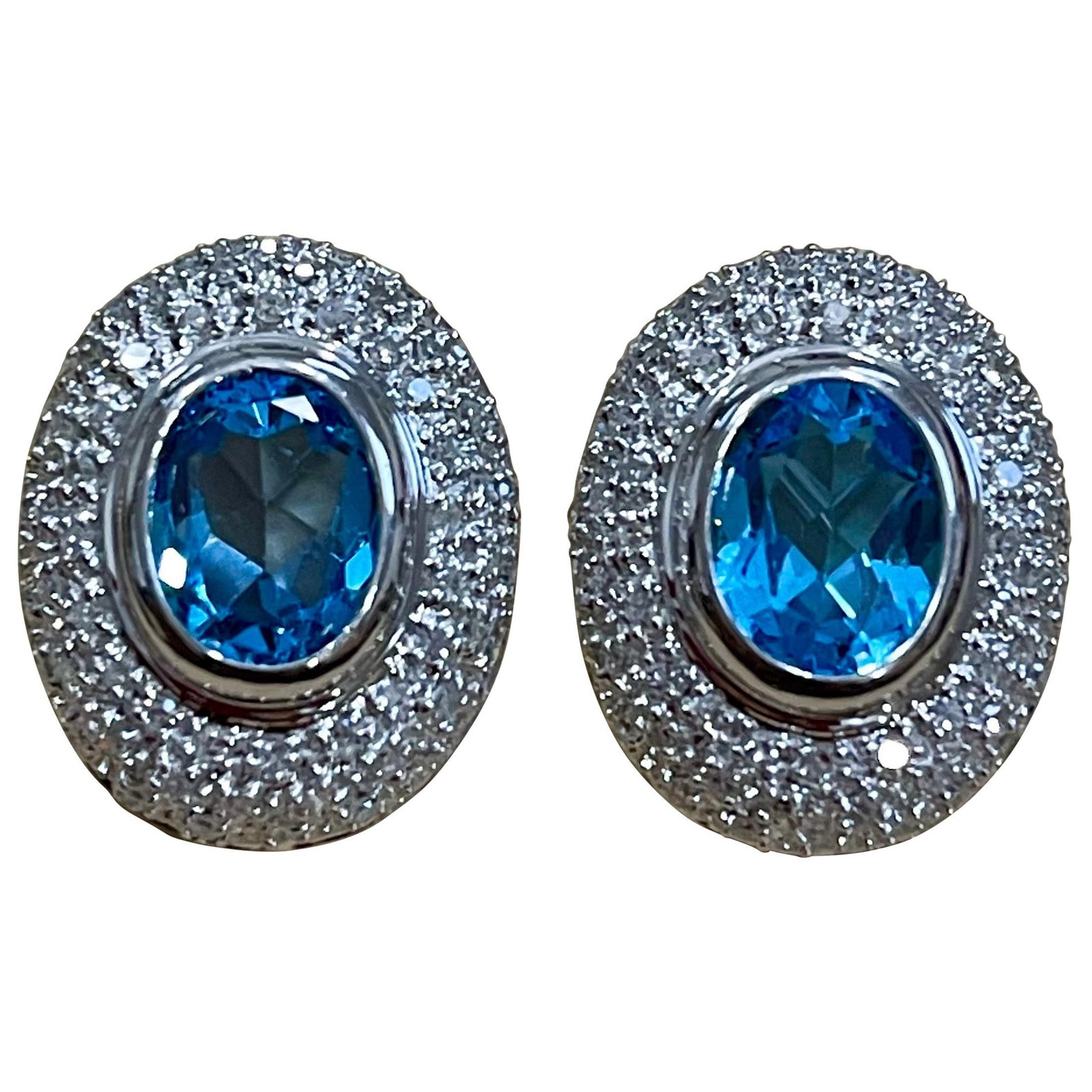 5 Carat Oval Shape Blue Topaz and Diamond Omega Back Clip Earring 14 Karat Gold - 15