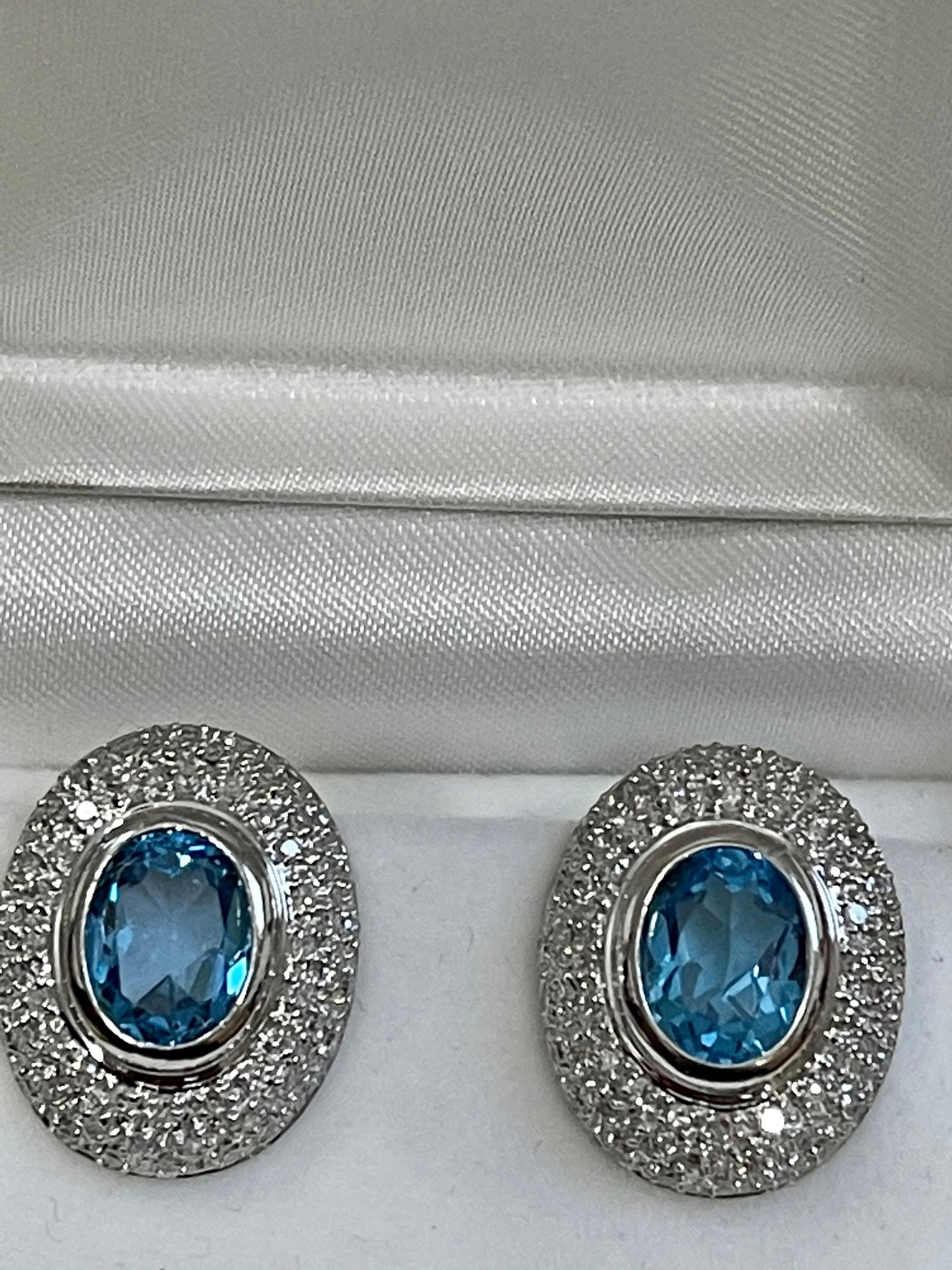5 Carat Oval Shape Blue Topaz and Diamond Omega Back Clip Earring 14 Karat Gold - 3
