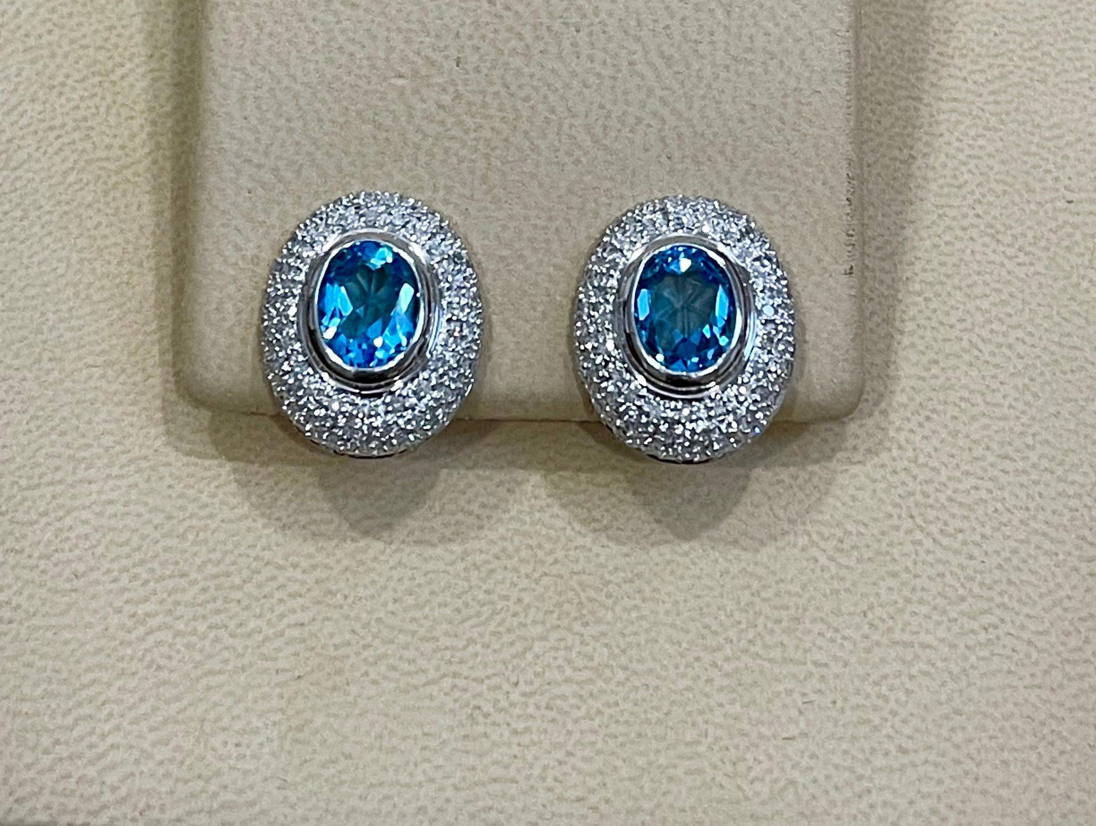 5 Carat Oval Shape Blue Topaz and Diamond Omega Back Clip Earring 14 Karat Gold - 4