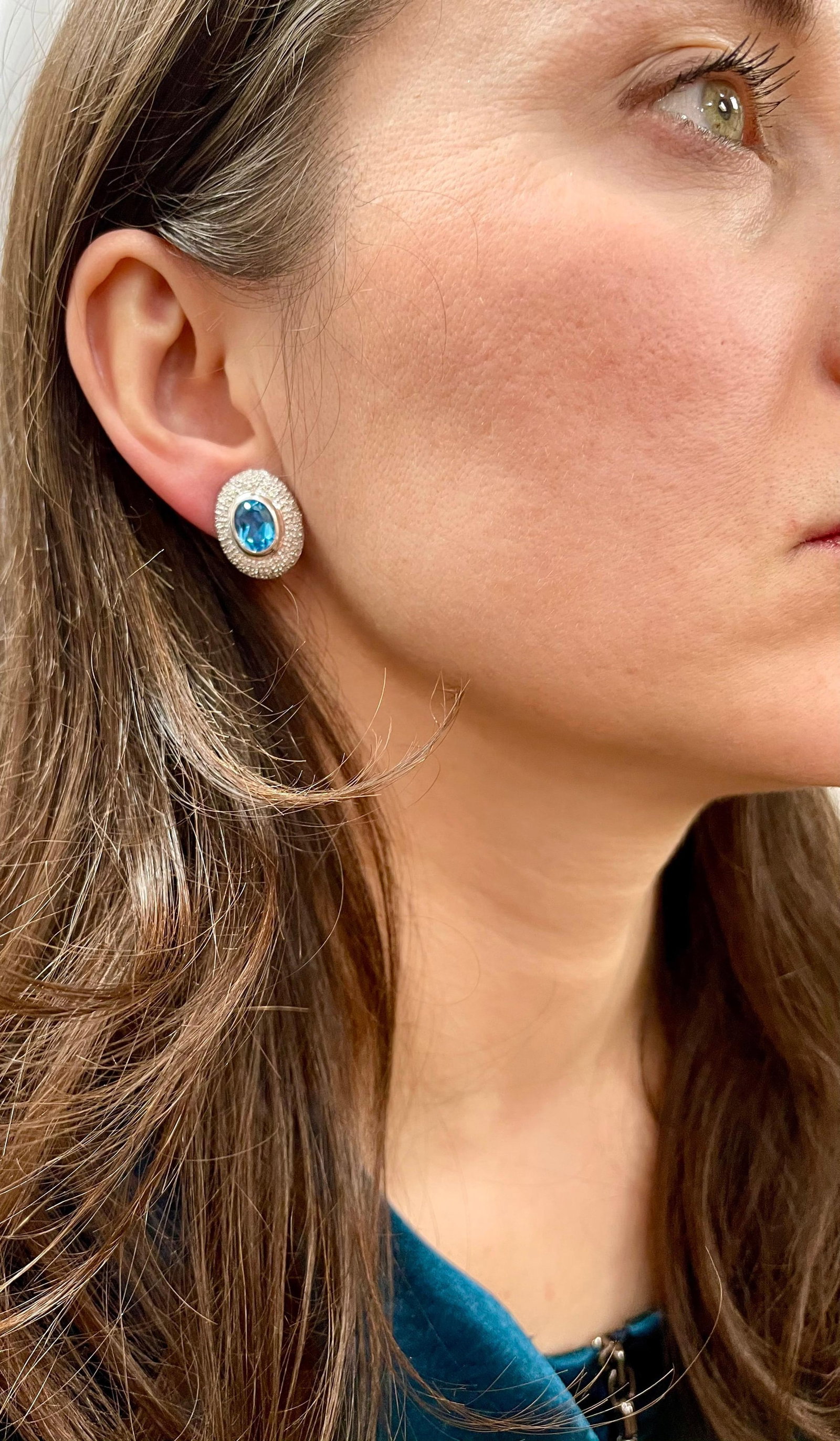 5 Carat Oval Shape Blue Topaz and Diamond Omega Back Clip Earring 14 Karat Gold - 9