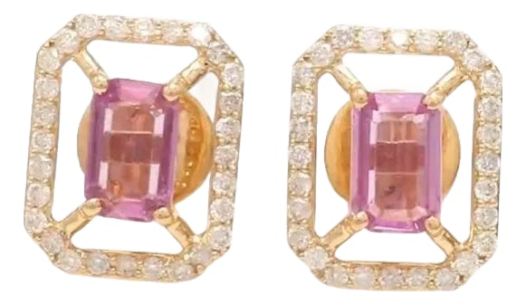 1.12 cts Natural pink sapphire and 0.38 cts diamond earrings in 14k gold: Pink sapphire diamond emerald cut earring studs gold Natural pink sapphire halo diamond stud tops earrings gold Pink sapphire stud gold GEMSTONE DETAILS : âœ¦ Gemstone : Pink Sapphire