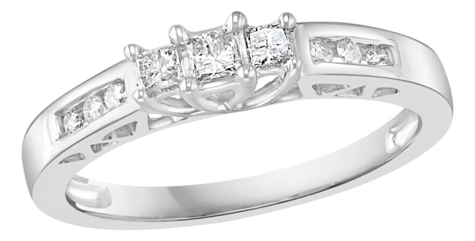 Three-Stone Diamond 0.30 Carat Traditional Ring/Band 14 Karat White Gold: Three Stone Diamond Traditional Ring/Band 14 Karat White Gold Three Princess cut diamonds next to each other followed by three brilliant cut round diamonds on either side to make a half band Diamond