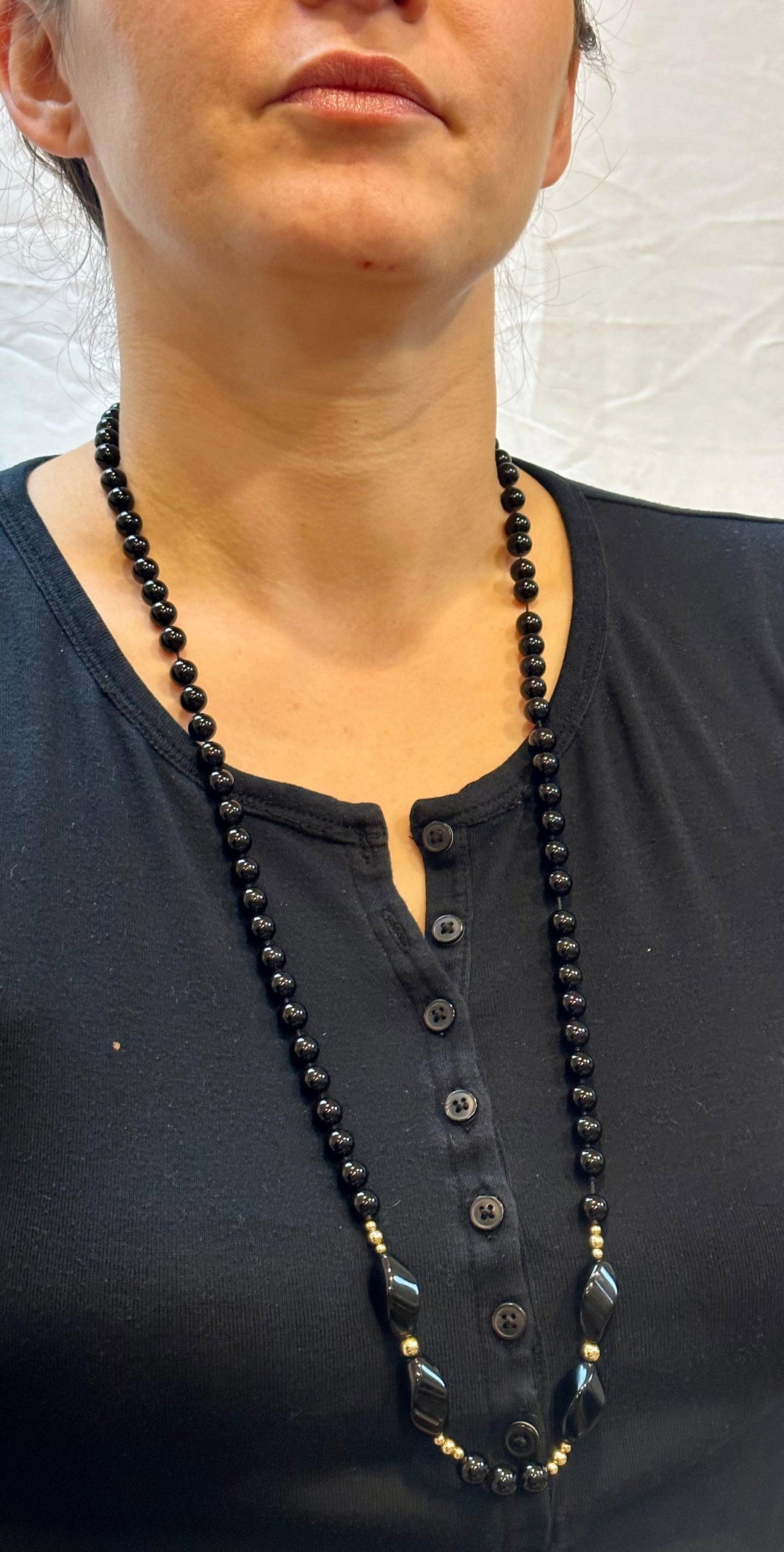 Round 8 MM Bead Black Onyx & 14 Karat Gold Bead Necklace 32 Inch Long - 12
