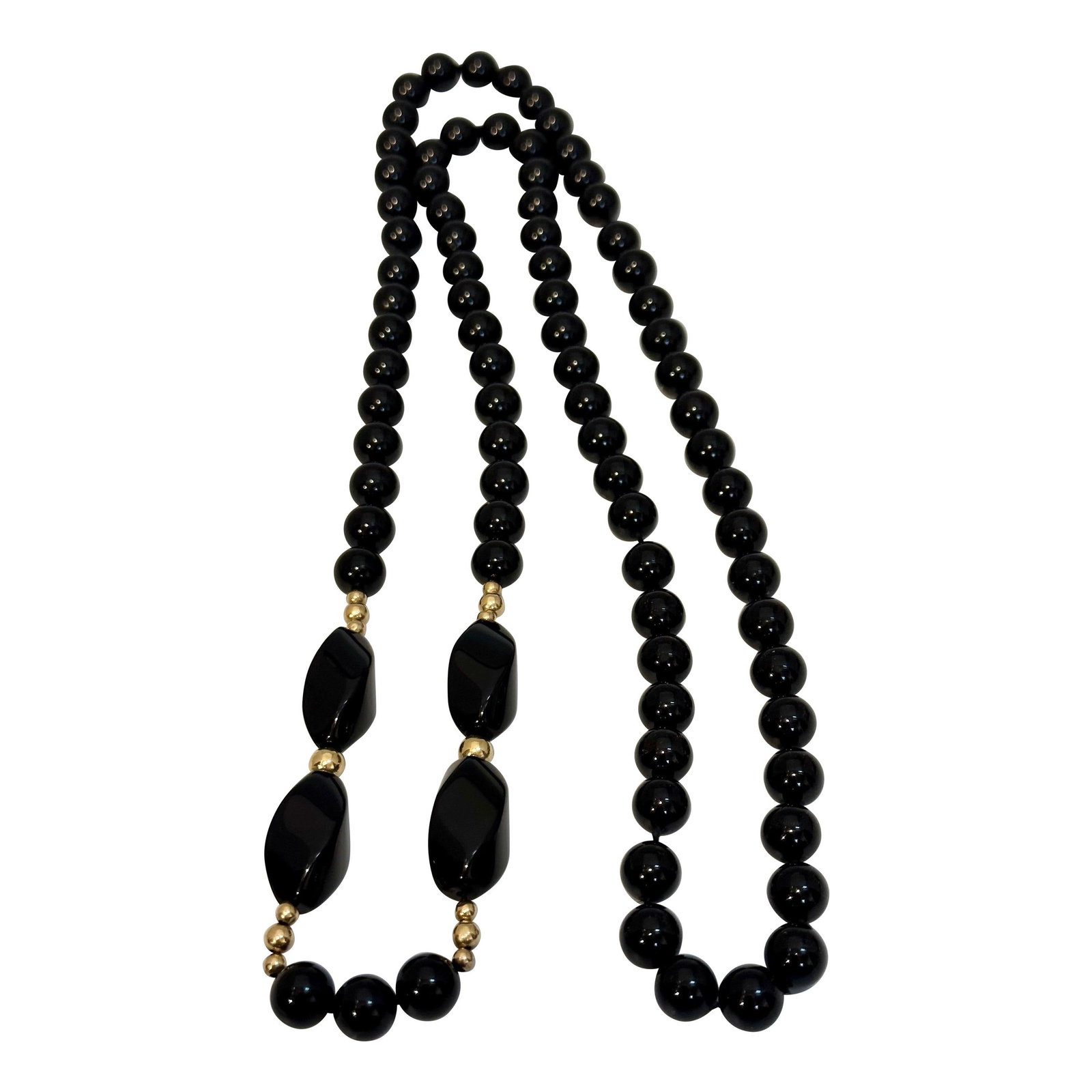 Round 8 MM Bead Black Onyx & 14 Karat Gold Bead Necklace 32 Inch Long - 15