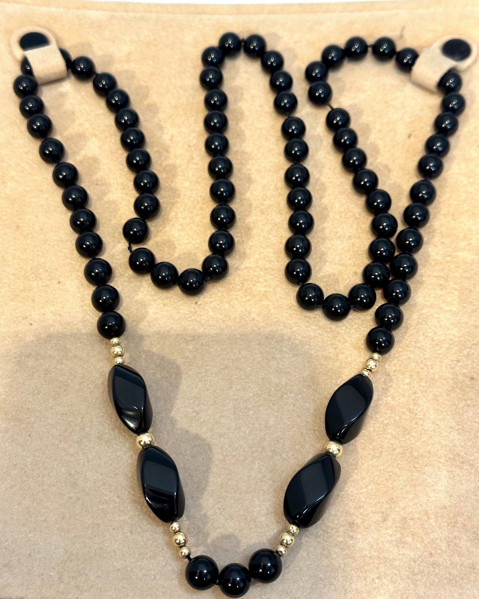Round 8 MM Bead Black Onyx & 14 Karat Gold Bead Necklace 32 Inch Long - 17