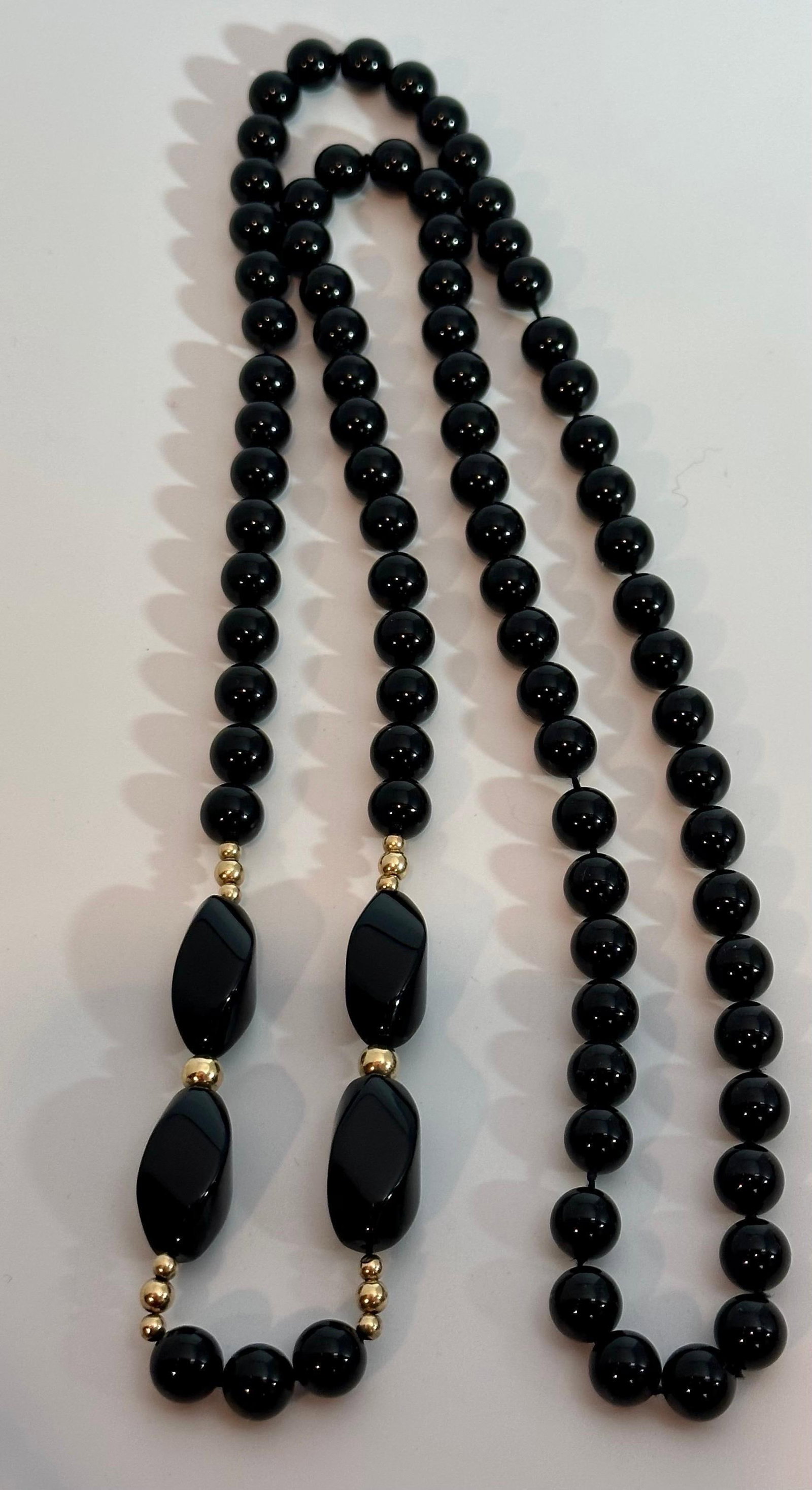 Round 8 MM Bead Black Onyx & 14 Karat Gold Bead Necklace 32 Inch Long - 18