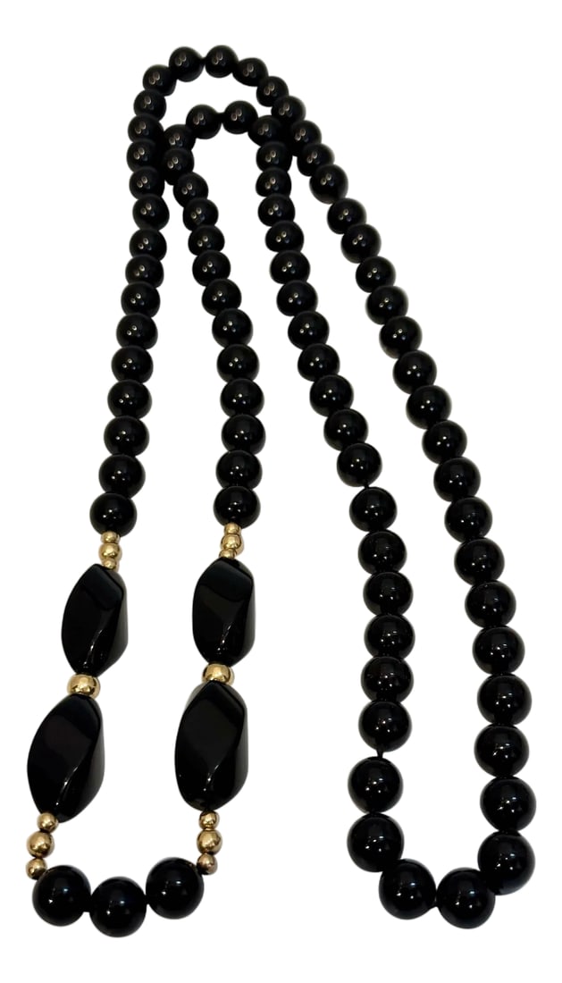 Round 8 MM Bead Black Onyx & 14 Karat Gold Bead Necklace 32 Inch Long: Round 8 MM Bead Black Onyx & 14 Karat Gold Bead Necklace 32 Inch Long Beautiful , Very Dressy but also good for casual dressing Black 8 MM bead necklace which has 14 Karat yellow gold beads too The