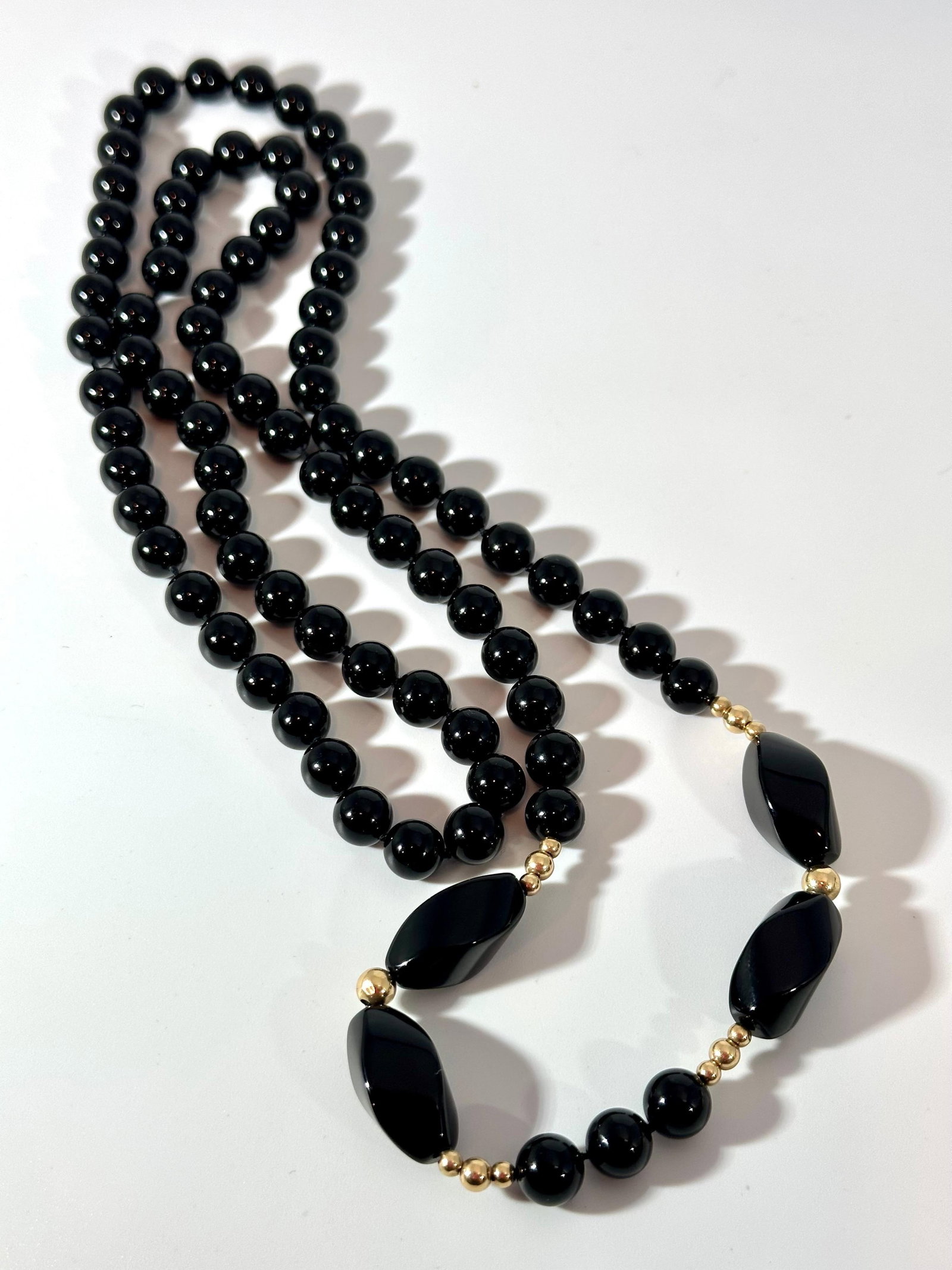 Round 8 MM Bead Black Onyx & 14 Karat Gold Bead Necklace 32 Inch Long - 2