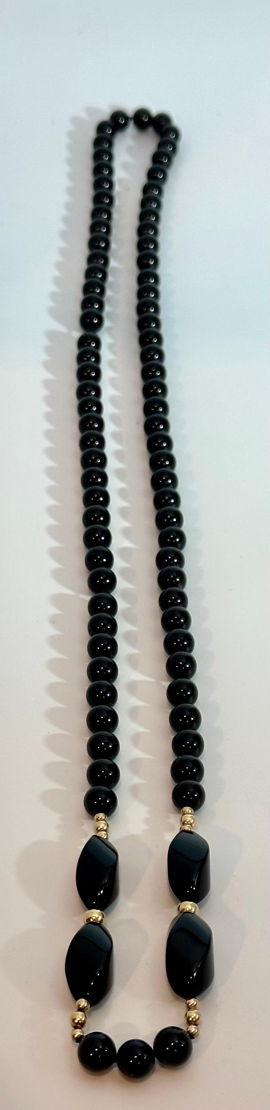 Round 8 MM Bead Black Onyx & 14 Karat Gold Bead Necklace 32 Inch Long - 3