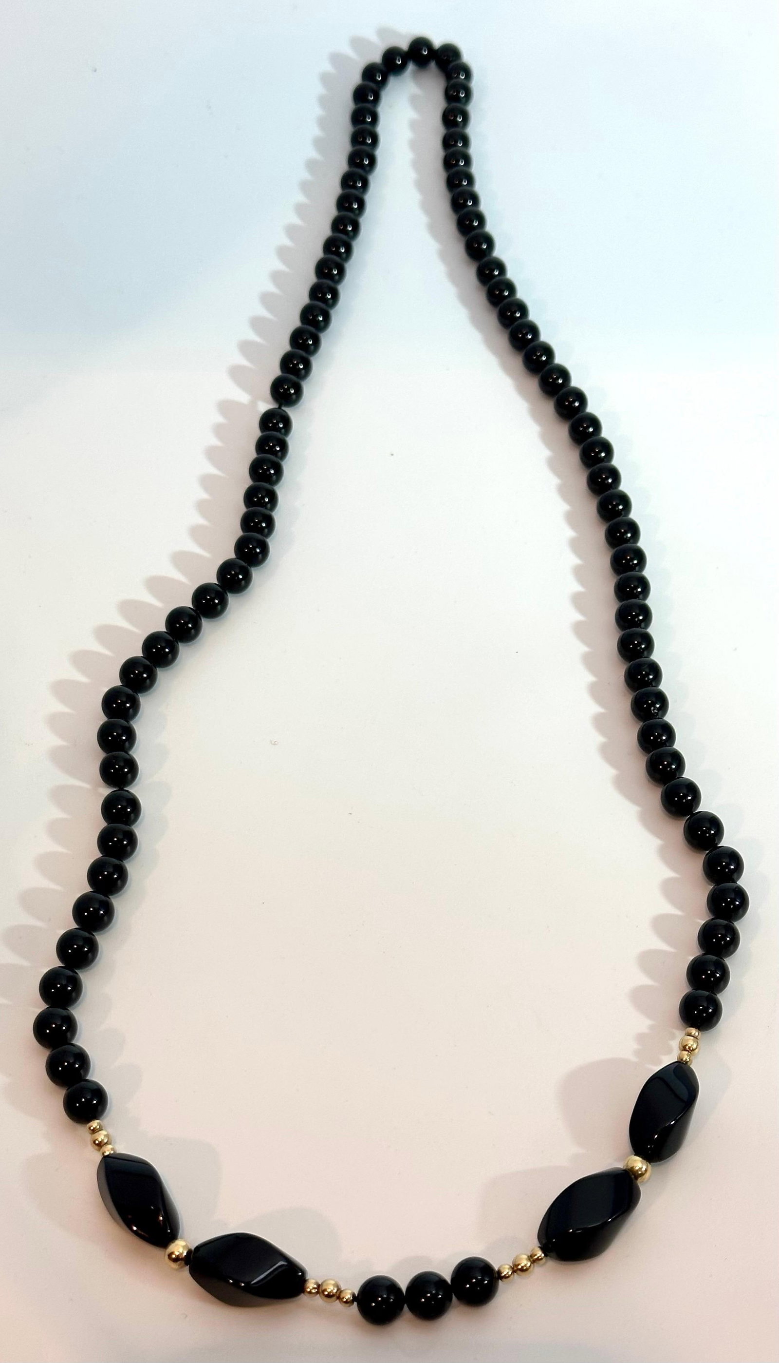 Round 8 MM Bead Black Onyx & 14 Karat Gold Bead Necklace 32 Inch Long - 4