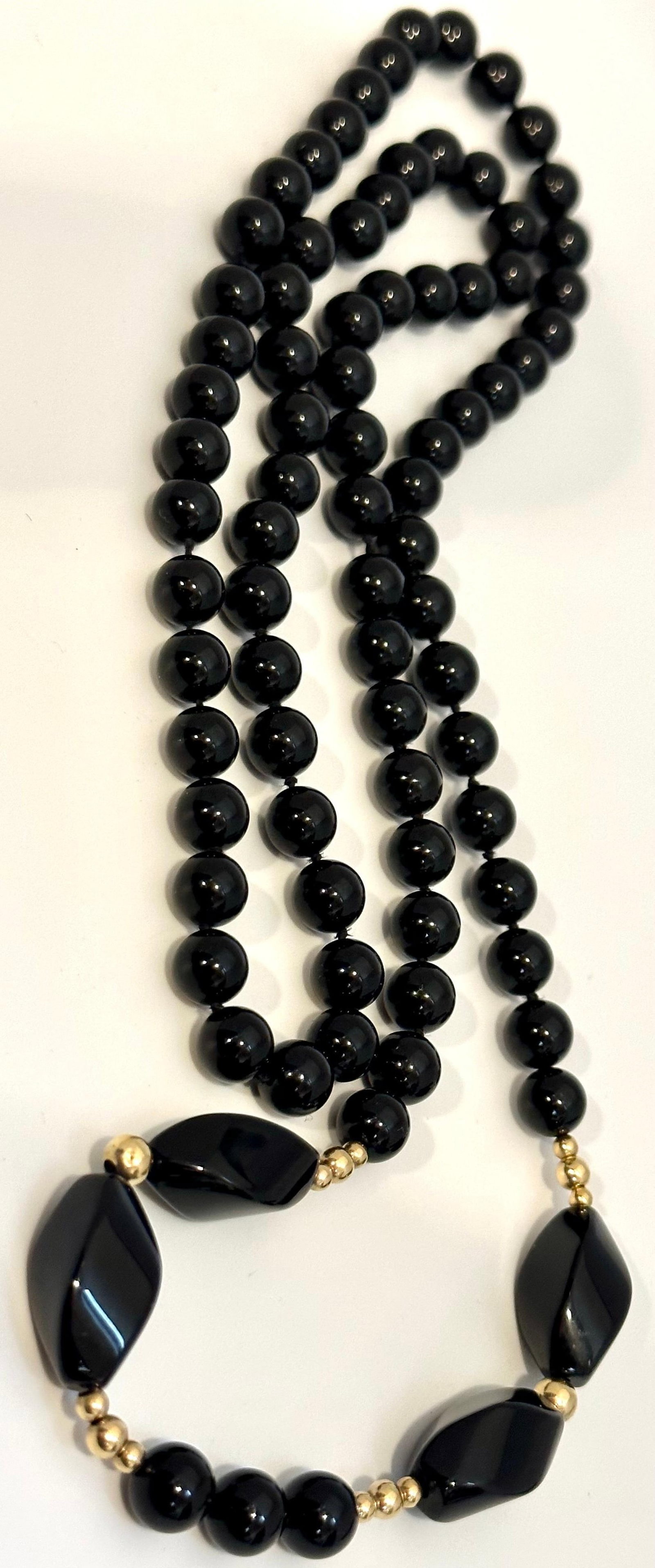 Round 8 MM Bead Black Onyx & 14 Karat Gold Bead Necklace 32 Inch Long - 5