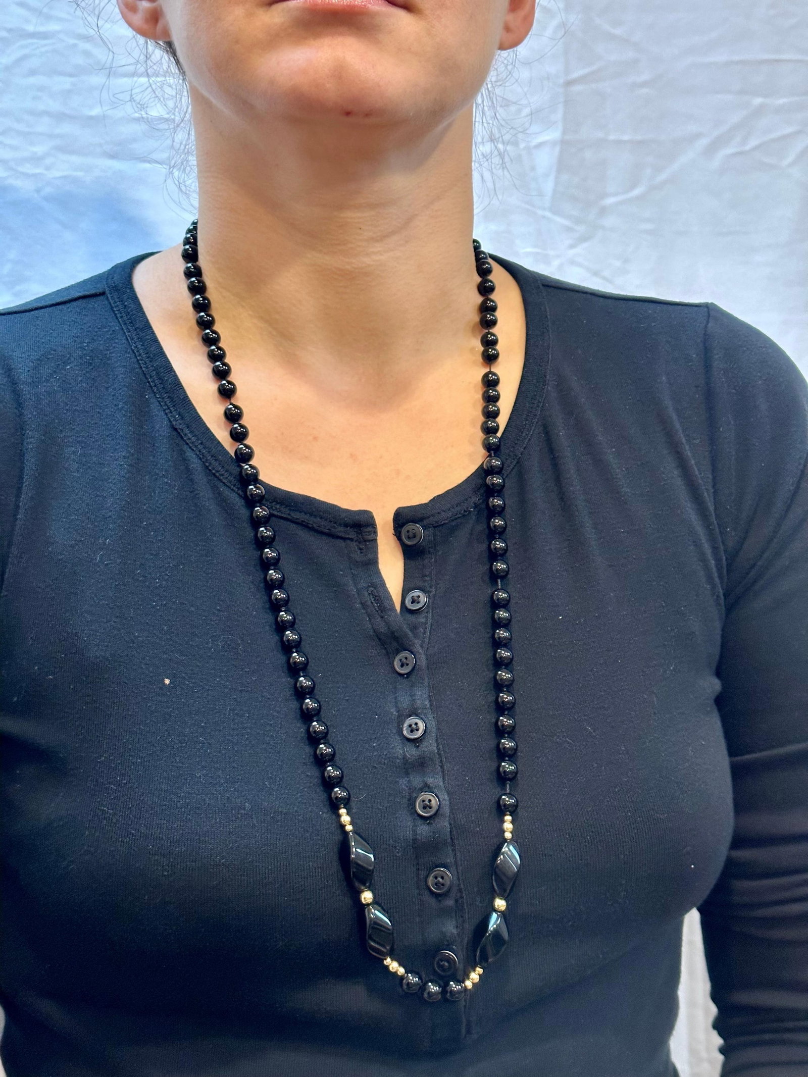 Round 8 MM Bead Black Onyx & 14 Karat Gold Bead Necklace 32 Inch Long - 9