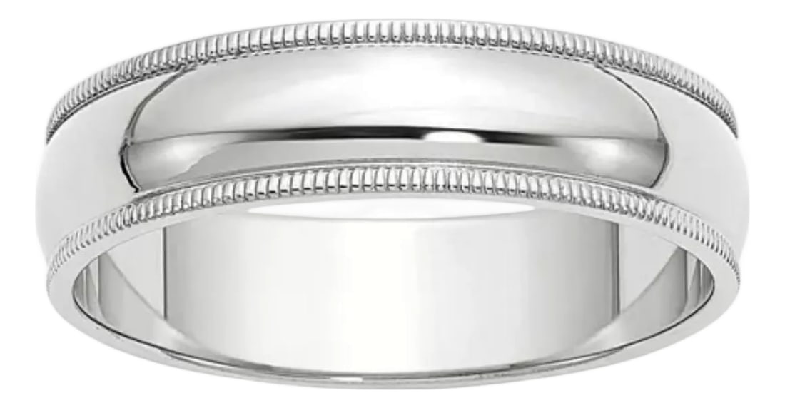 6MM WIDE MILGRAIN EDGE Platinum Plain Wedding Band Ring 8.8 Grams, COMFORT FIT: 6MM WIDE MILGRAIN EDGE Platinum Plain Wedding Band Ring 8.8 Grams, COMFORT FIT This men's or unisex wedding band, crafted in Platinum , measures 6 mm in width and 2.4 mm thickness is a size 4.5 It
