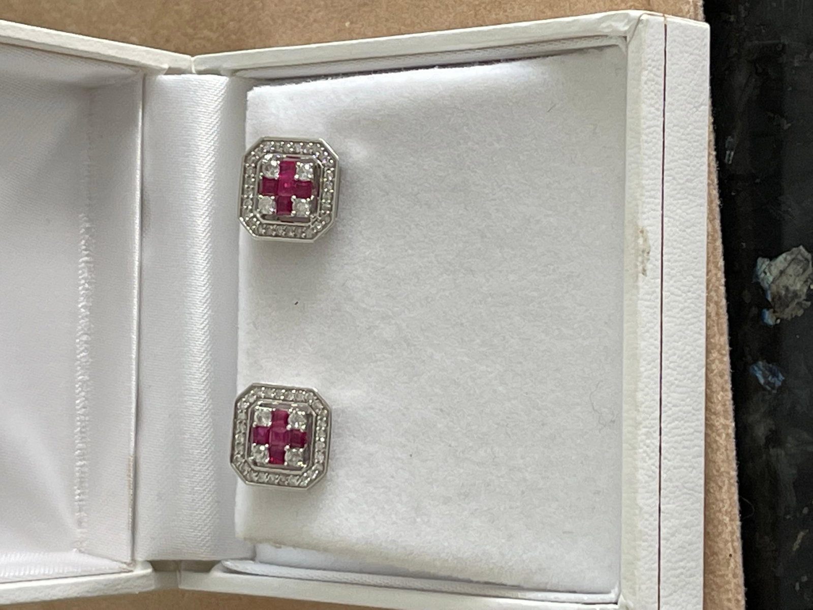 Princess Cut Natural Ruby and Diamond Stud Post Earrings 14 Karat White Gold - 11