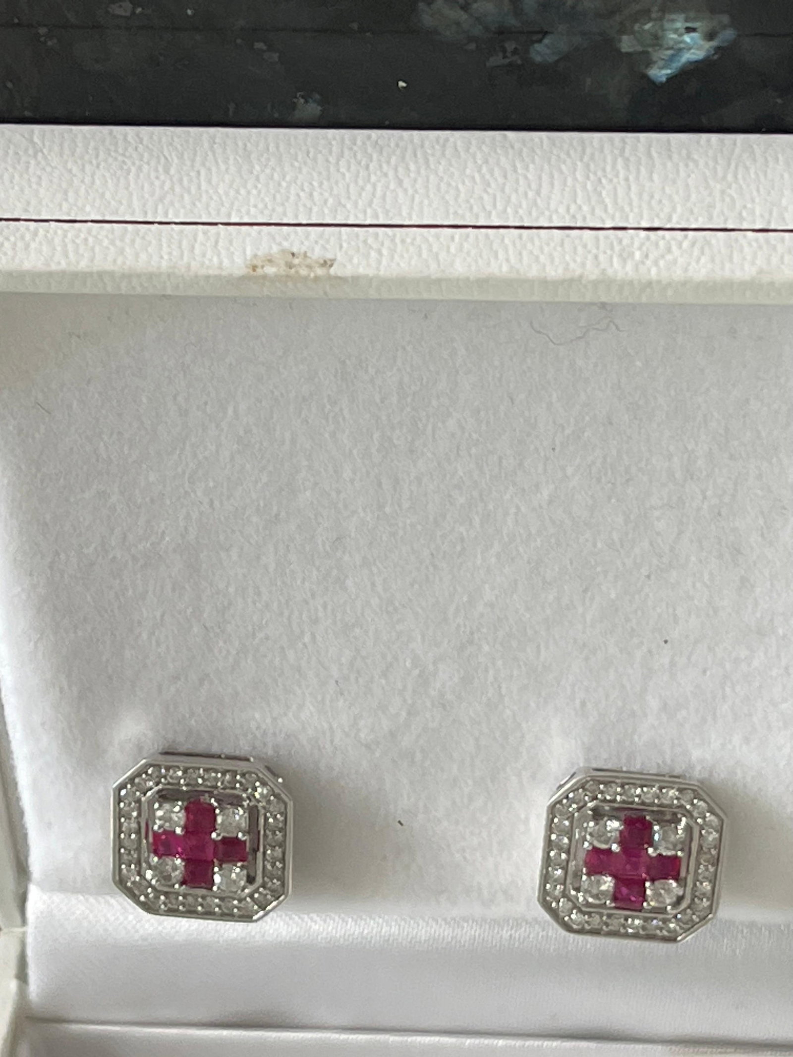 Princess Cut Natural Ruby and Diamond Stud Post Earrings 14 Karat White Gold - 13