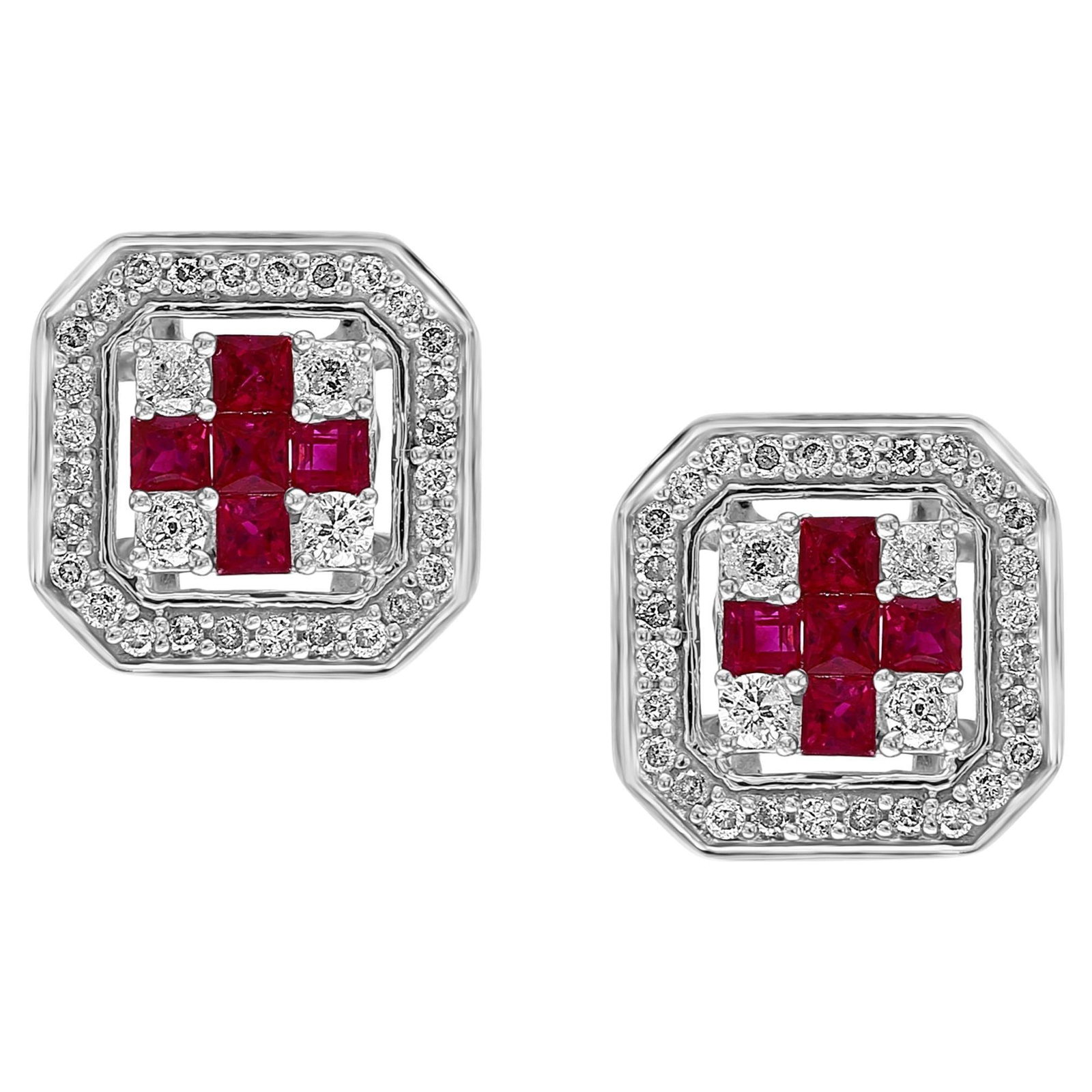 Princess Cut Natural Ruby and Diamond Stud Post Earrings 14 Karat White Gold - 15