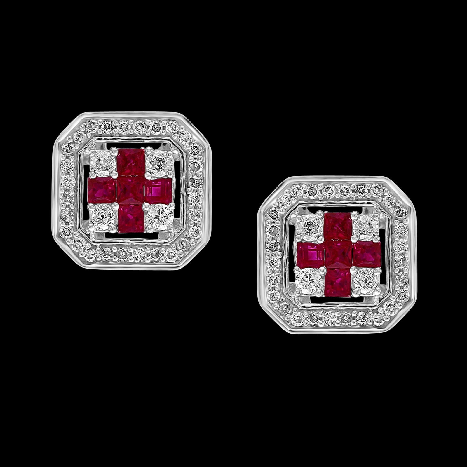 Princess Cut Natural Ruby and Diamond Stud Post Earrings 14 Karat White Gold - 16