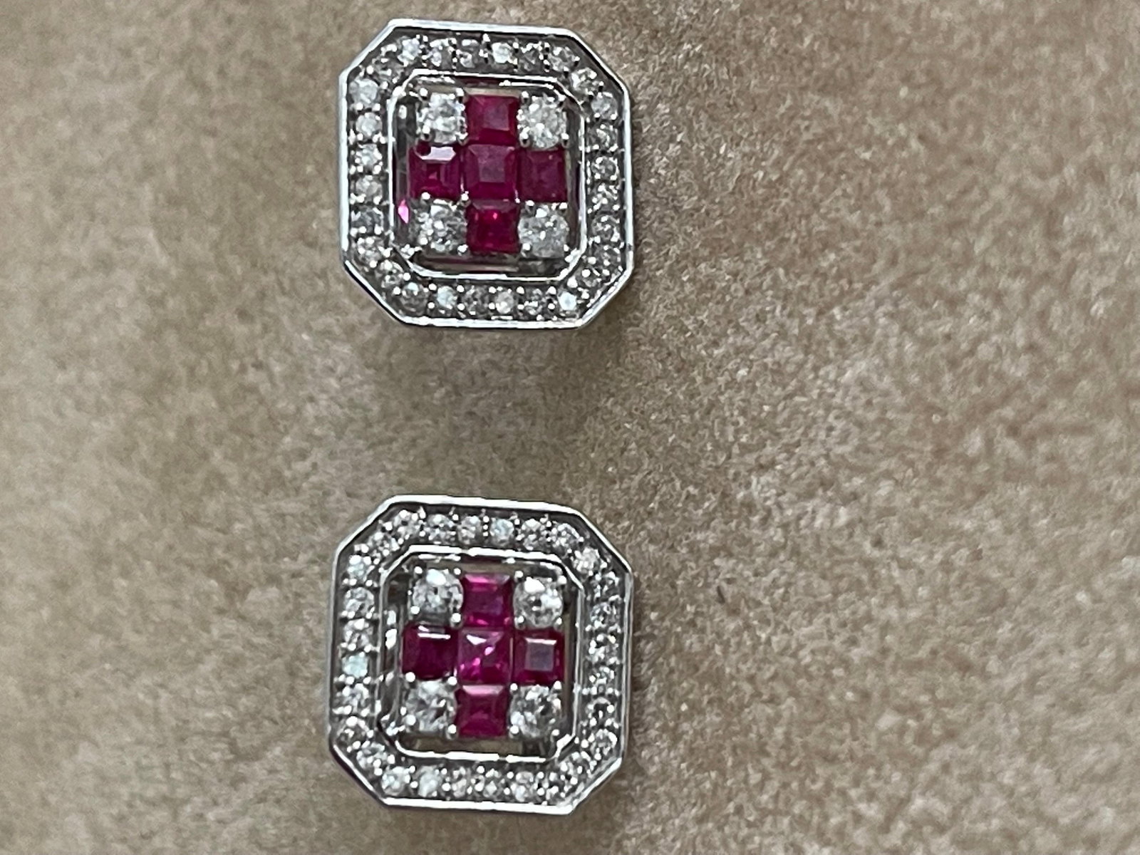 Princess Cut Natural Ruby and Diamond Stud Post Earrings 14 Karat White Gold - 17