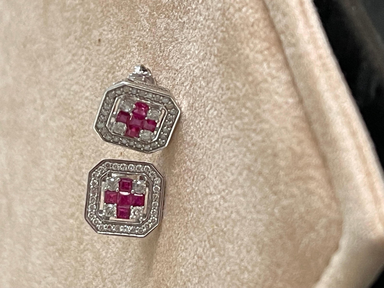 Princess Cut Natural Ruby and Diamond Stud Post Earrings 14 Karat White Gold - 18