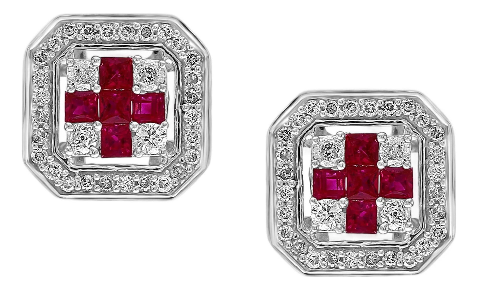 Princess Cut Natural Ruby and Diamond Stud Post Earrings 14 Karat White Gold (1 of 18)