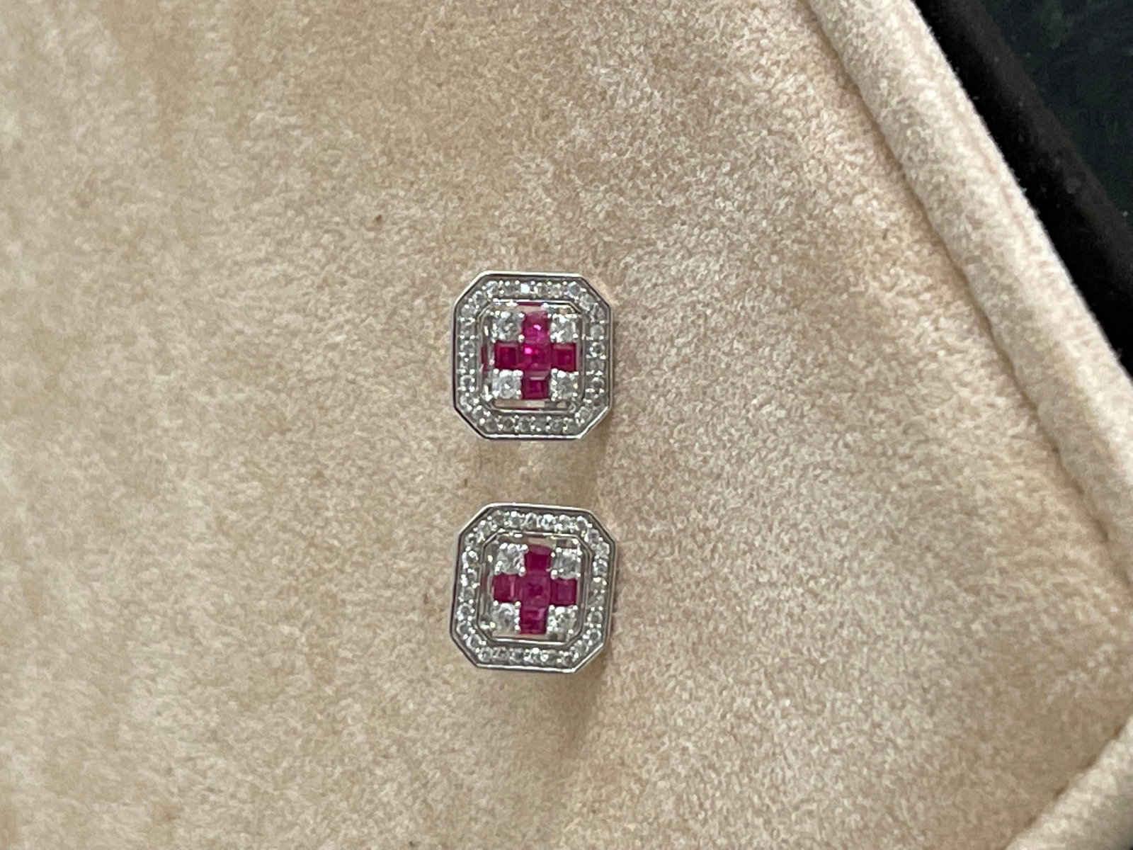 Princess Cut Natural Ruby and Diamond Stud Post Earrings 14 Karat White Gold - 3