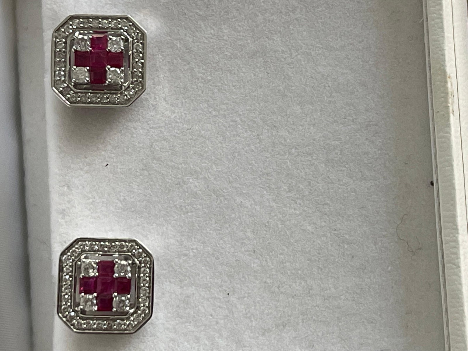 Princess Cut Natural Ruby and Diamond Stud Post Earrings 14 Karat White Gold - 4