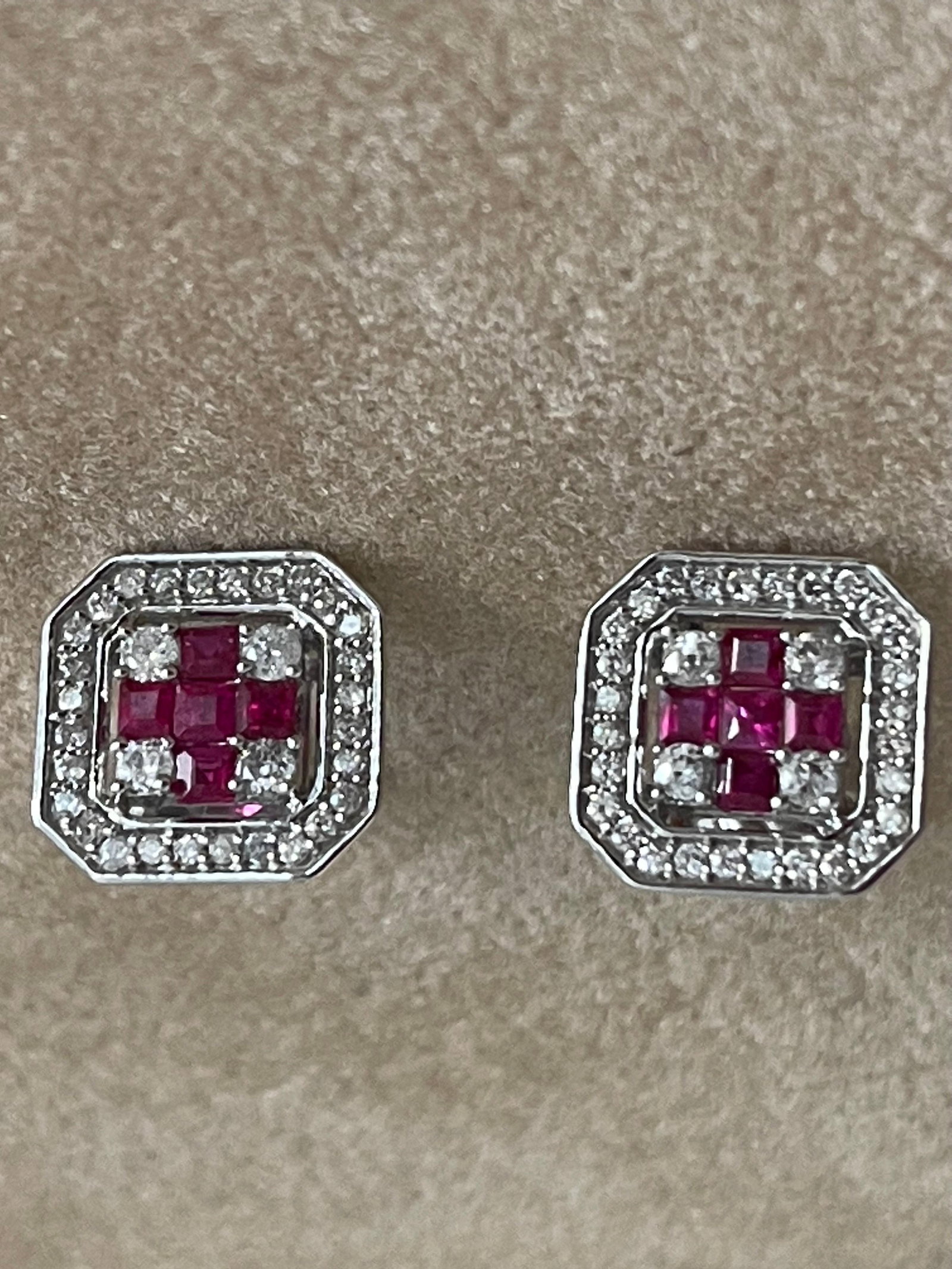 Princess Cut Natural Ruby and Diamond Stud Post Earrings 14 Karat White Gold - 5