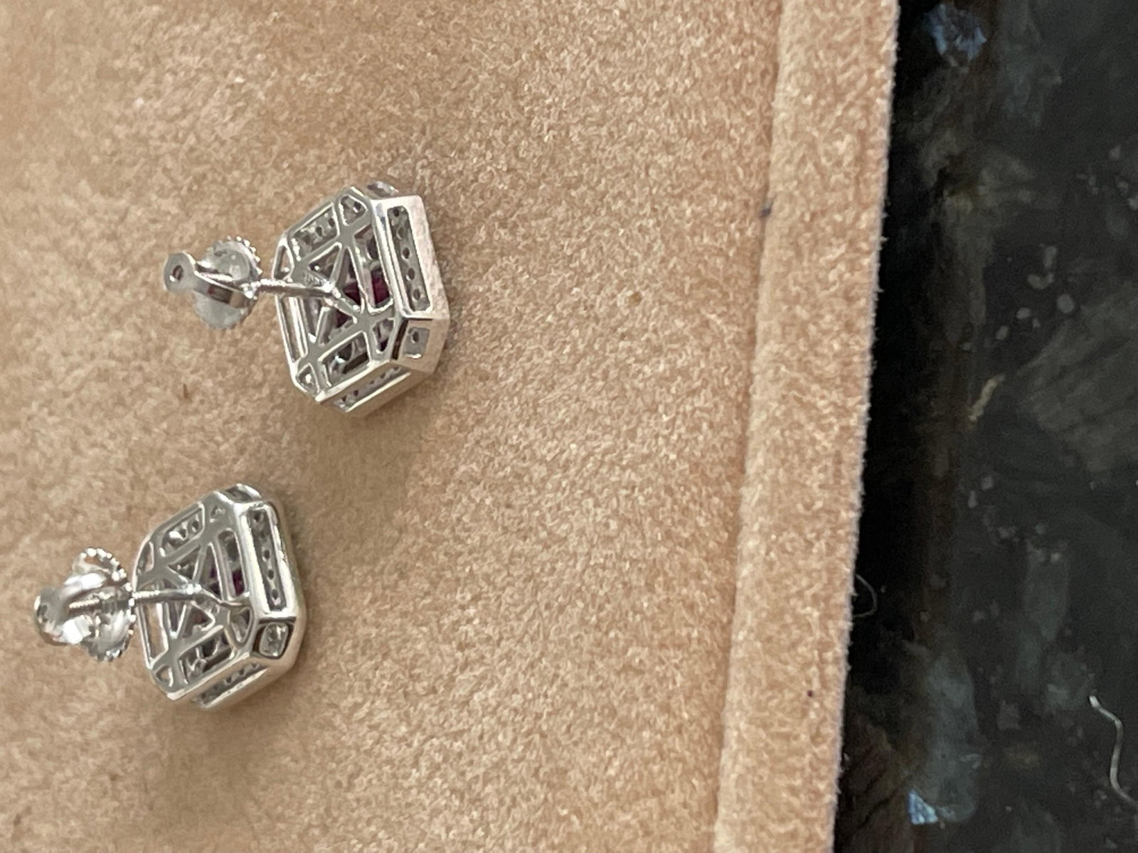 Princess Cut Natural Ruby and Diamond Stud Post Earrings 14 Karat White Gold - 8