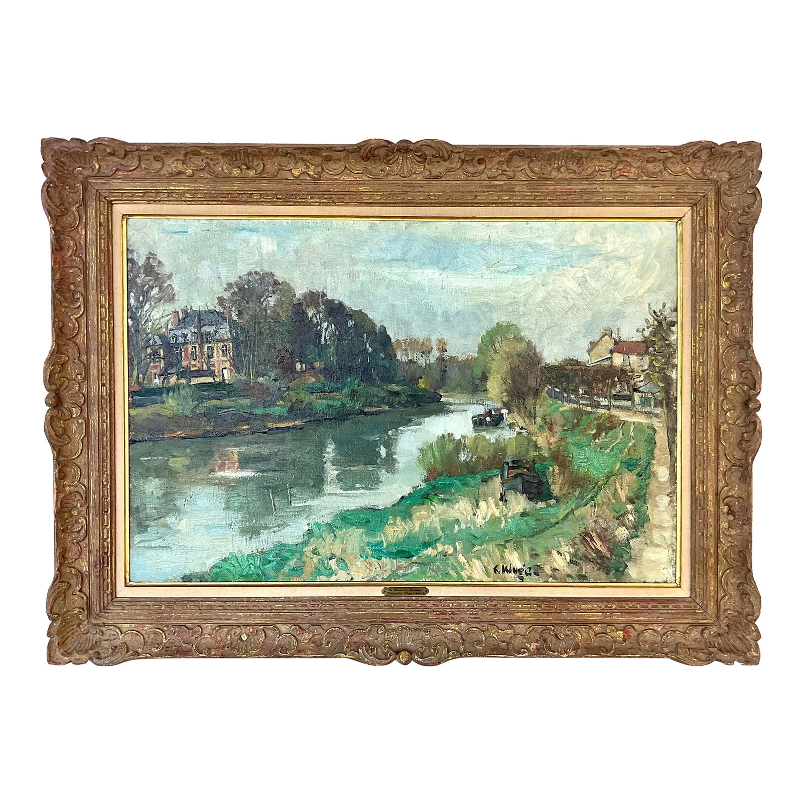 Constantin Kluge (French, 1912-2003) "La Marne Ã€ Gournay" Painting: Large and impressive Constantin Kluge (French, 1912-2003) Oil on Canvas Painting in Ornate Carved Giltwood Frame. Painting is titled "La Marne a Gournay". This expansive river landscape captures the