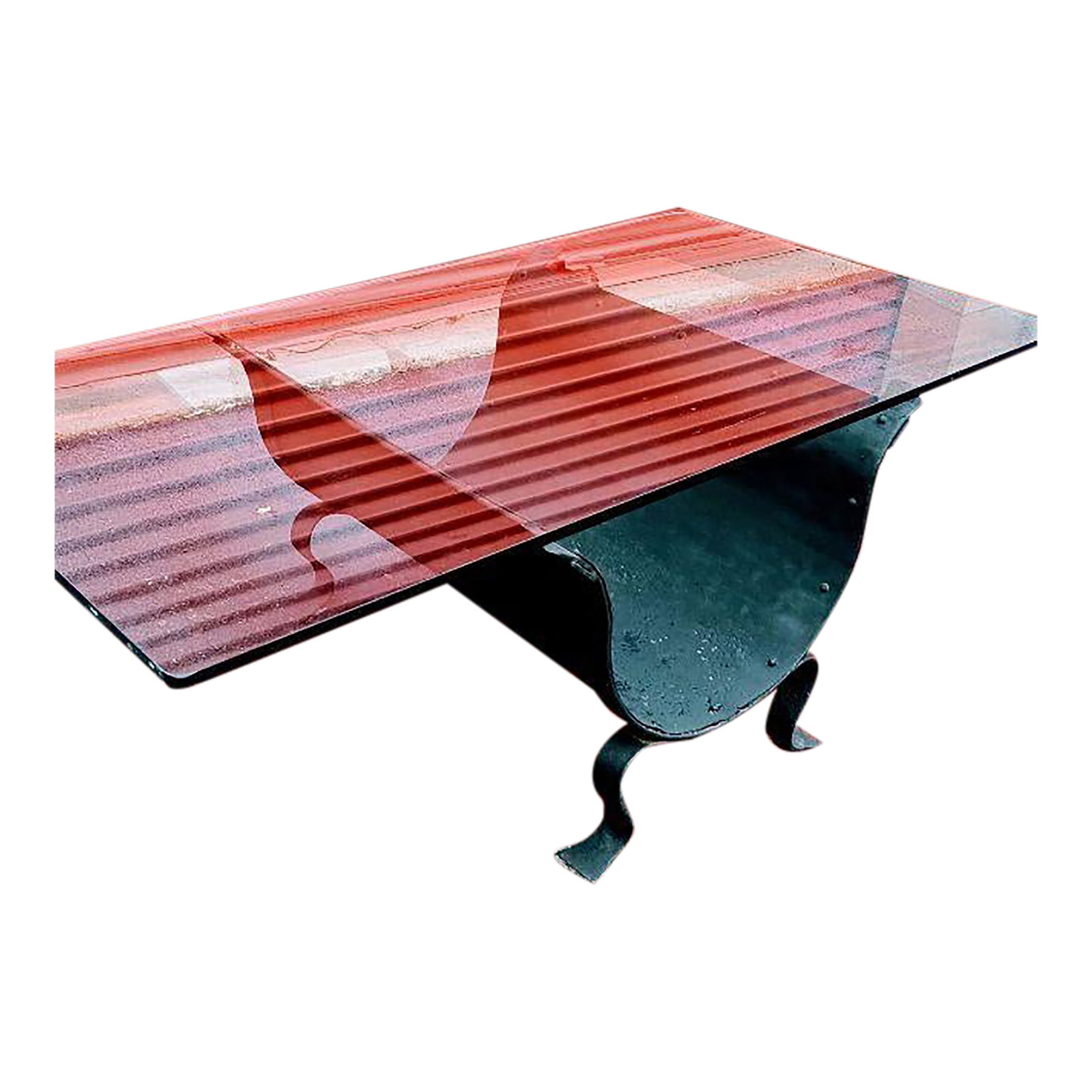 Vintage Elegance: A 1950s Spanish Wrought Iron Coffee Table: Elevate your living space with this exceptional piece of Mid-Century Spanish design. This striking coffee table features a sculptural, abstract base crafted from robust, hand-wrought iron, which evoke