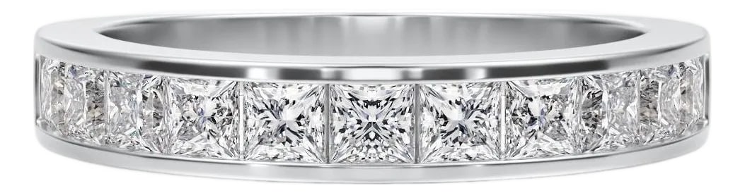9 princess cut channel set band, Size 5: This ring features 9 princess cut diamonds in a channel setting in platinum. Proudly crafter at SIMON ARDEM Diamond Jewelry. Condition: Alterations: Original Condition Unaltered Imperfections: Some