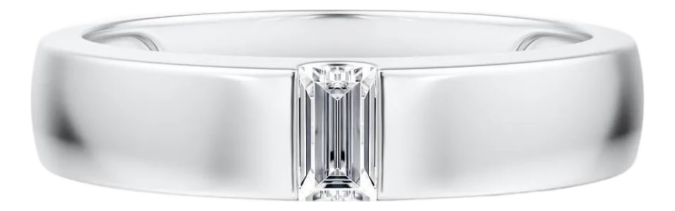 Tension Set Platinum Wedding band with Emerald Cut diamond: Tension set wedding band in a brushed satin platinum finish, featuring a tension set emerald cut diamond. This piece has the following specifications; Color and Clarity; E VVS2. Total Carat weight: