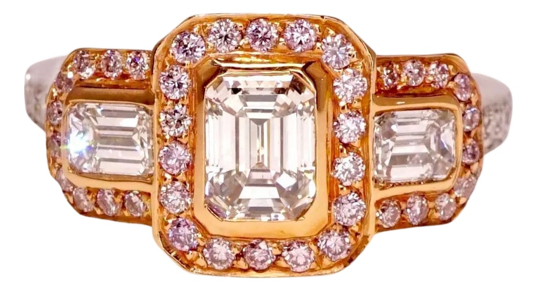 2.2 CT Emerald Cut Diamond 3-Stone Engagement Ring With Natural Pink Diamonds, Size 6.5 (1 of 4)