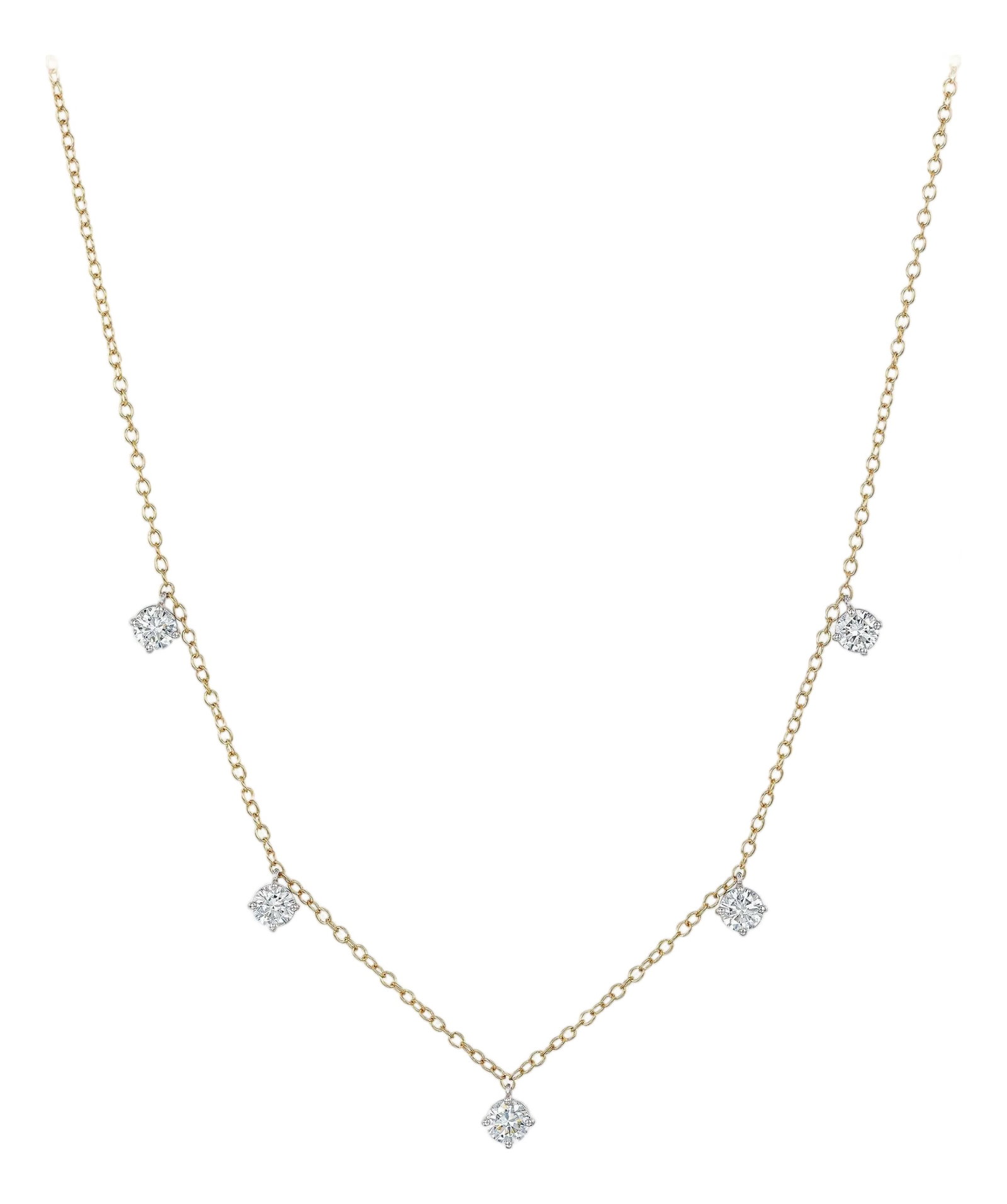 1.25 Carat Brilliant Round Diamond Chain Necklace: Five round diamonds set in Platinum baskets on 18K Yellow gold chain. Round Brilliant diamonds are F-G VS2-SI1. Total carat weight = 1.25ct. Total weight 3.25 grams. Length is 16". Proudly crafted by