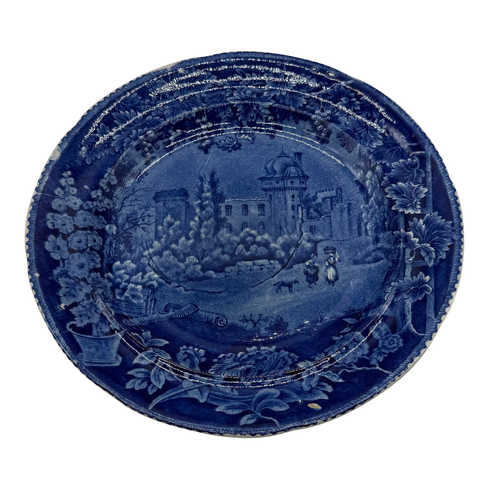 A Blue Dark Transfer Decorated Staffordshire Plate "Rue De La Port Romaine", by Enoch Woods, Circa 1: A Blue Dark Transfer Decorated Staffordshire Plate "Rue De La Port Romaine", by Enoch Woods, Circa 1830's Made in the Staffordshire district of Stoke on Trent, circa 1830's Pattern named: "Rue De La