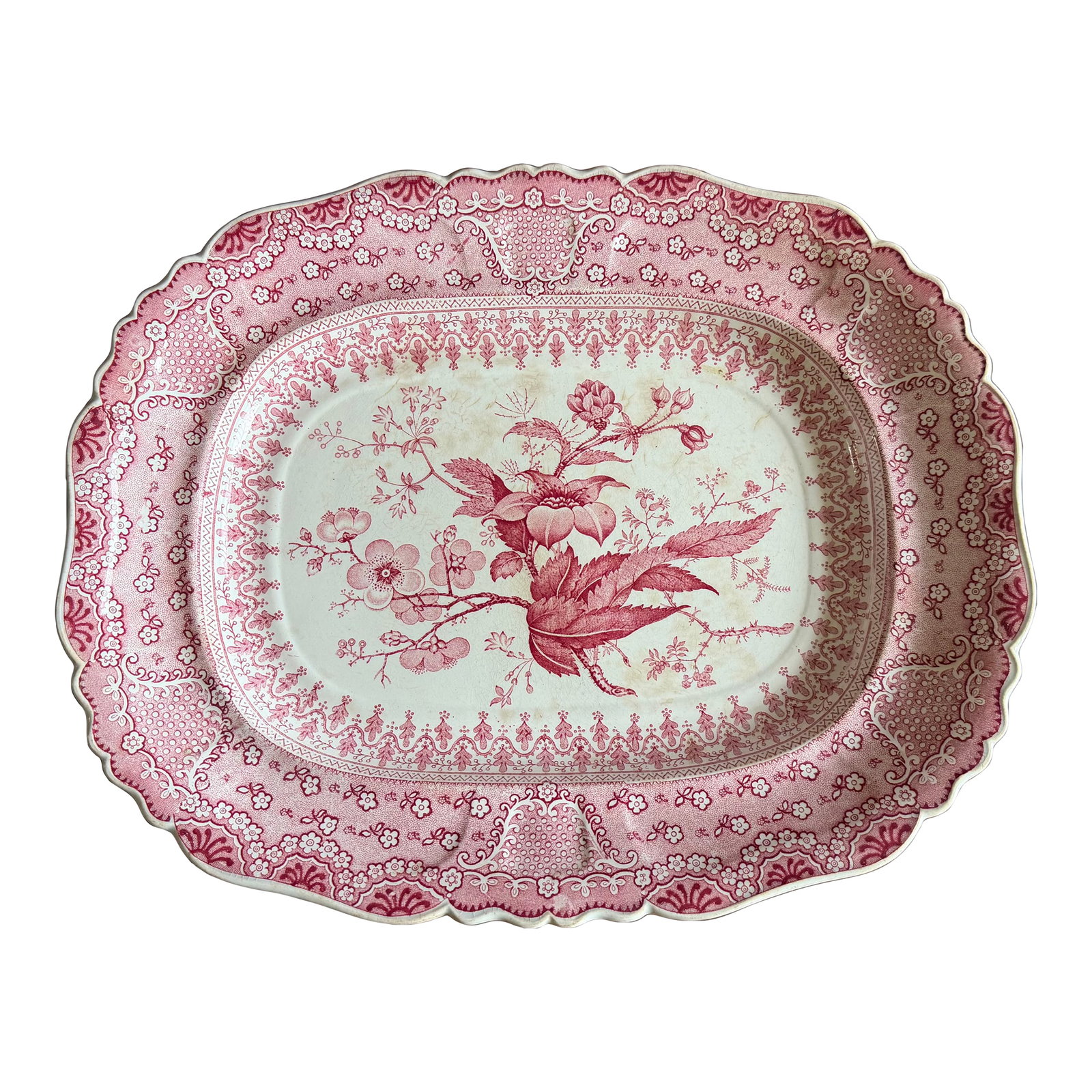 A Very Fine Antique Pink Transferware Decorated Staffordshire Platter "Asiatic Plants" Pattern, Circ (1 of 14)
