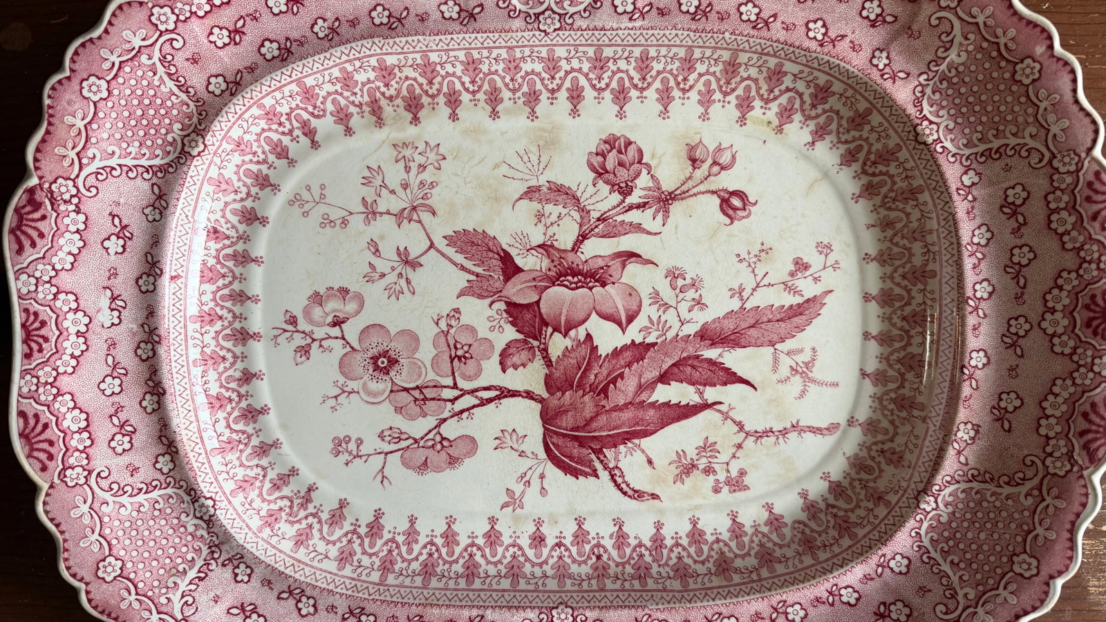 A Very Fine Antique Pink Transferware Decorated Staffordshire Platter "Asiatic Plants" Pattern, Circ - 2