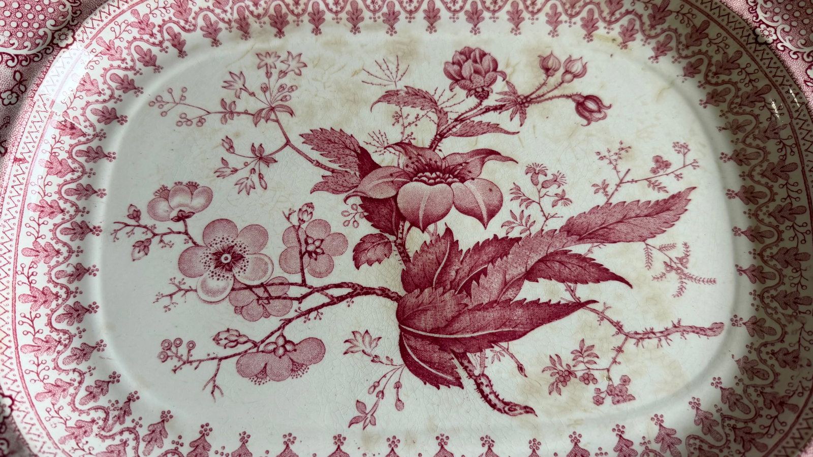 A Very Fine Antique Pink Transferware Decorated Staffordshire Platter "Asiatic Plants" Pattern, Circ - 3