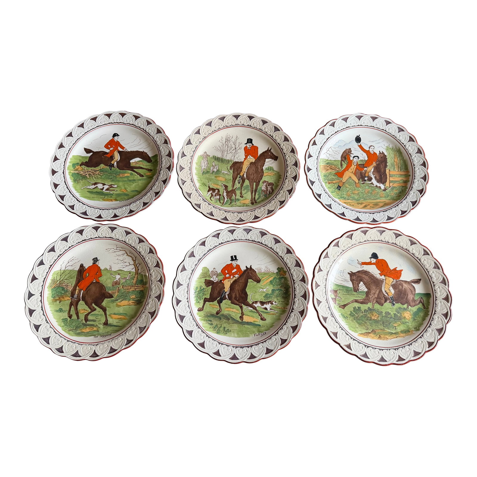 A Very Fine Set of 6 Wedgwood Equestrian and Fox Hunting Scene Plates, Circa 1920's: A Very Fine Set of 6 Wedgwood Equestrian and Fox Hunting Scene Plates, Circa 1920's Made by Wedgwood at the Etruria Works, in England circa 1920's All plates marked. Set of 6 plates with fox hunting,