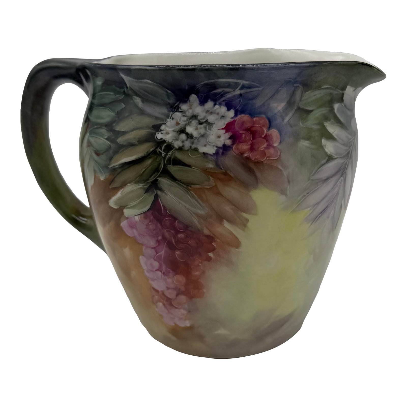 A Rare Hand Painted Jean Pouyat Limoges Porcelain Pitcher by F. M. Wood, Circa 1900: A Rare Hand Painted Jean Pouyat Limoges Porcelain Pitcher by F. M. Wood, Circa 1900 Made by the French Company Jean Pouyat of Limoges, France. Artist painted by F. M. Wood, and signed by him on the bo
