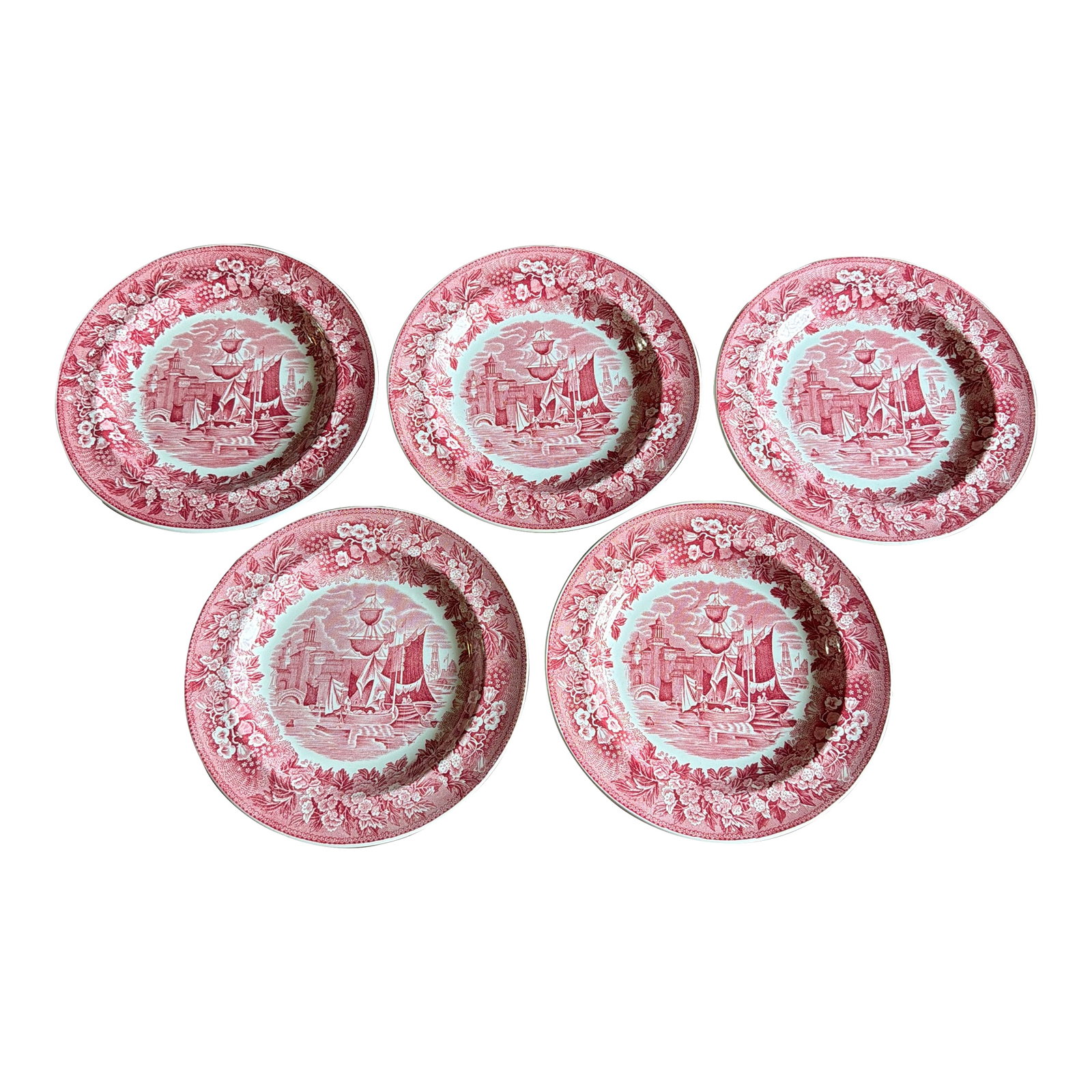 A Fine Set of 5 Vintage Wedgwood "Ferrara" Red Transferware Plates, 1960's: A Fine Set of 5 Vintage Wedgwood "Ferrara" Red Transferware Plates 1960's Made by Wedgwood at the Etruria Works, in England circa 1960's All plates marked. Ferrara pattern on creamware pottery
