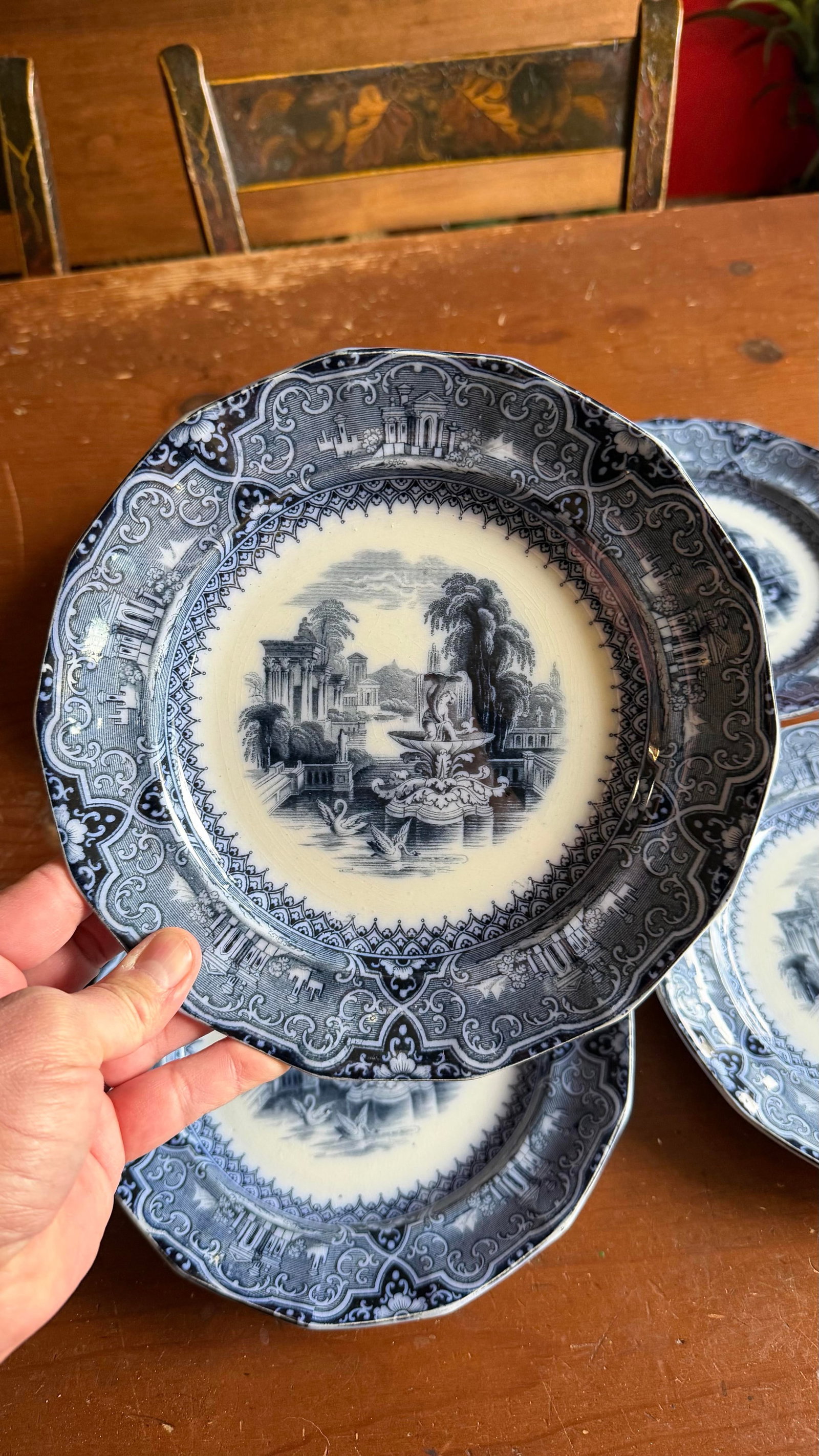 A Super Rare Set of 6 Antique Flow Black Ironstone Plates "Athens" by W. Adams, Circa 1850's - 2