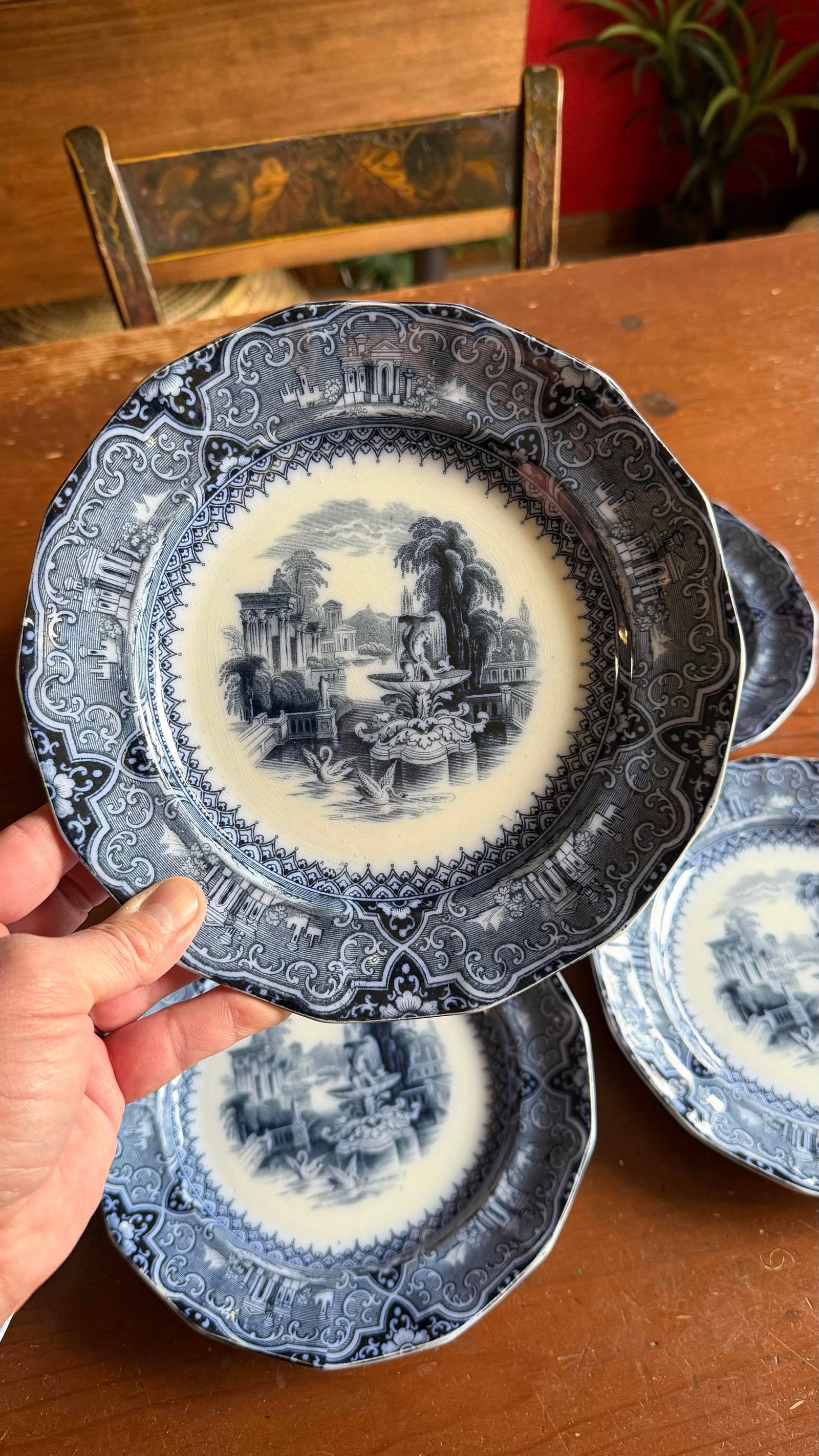 A Super Rare Set of 6 Antique Flow Black Ironstone Plates "Athens" by W. Adams, Circa 1850's - 3