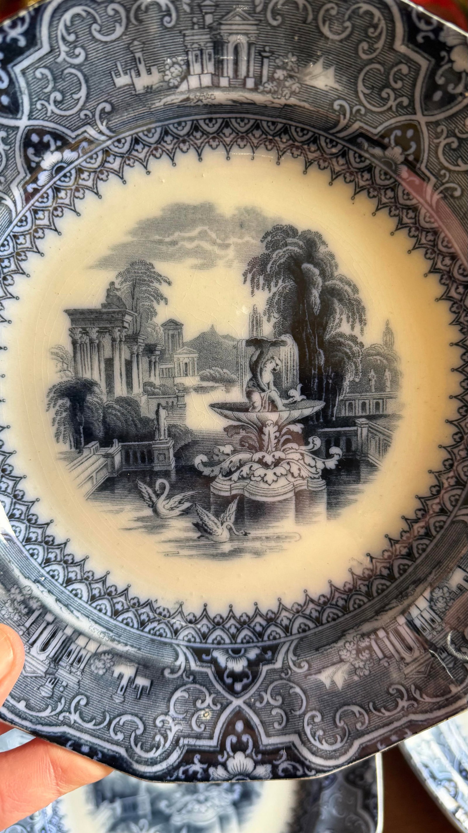 A Super Rare Set of 6 Antique Flow Black Ironstone Plates "Athens" by W. Adams, Circa 1850's - 5