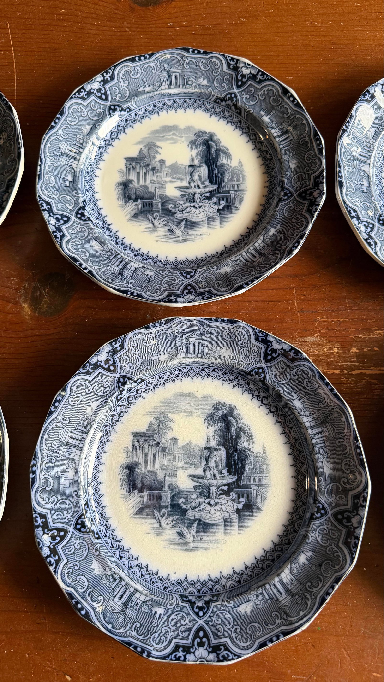 A Super Rare Set of 6 Antique Flow Black Ironstone Plates "Athens" by W. Adams, Circa 1850's - 6
