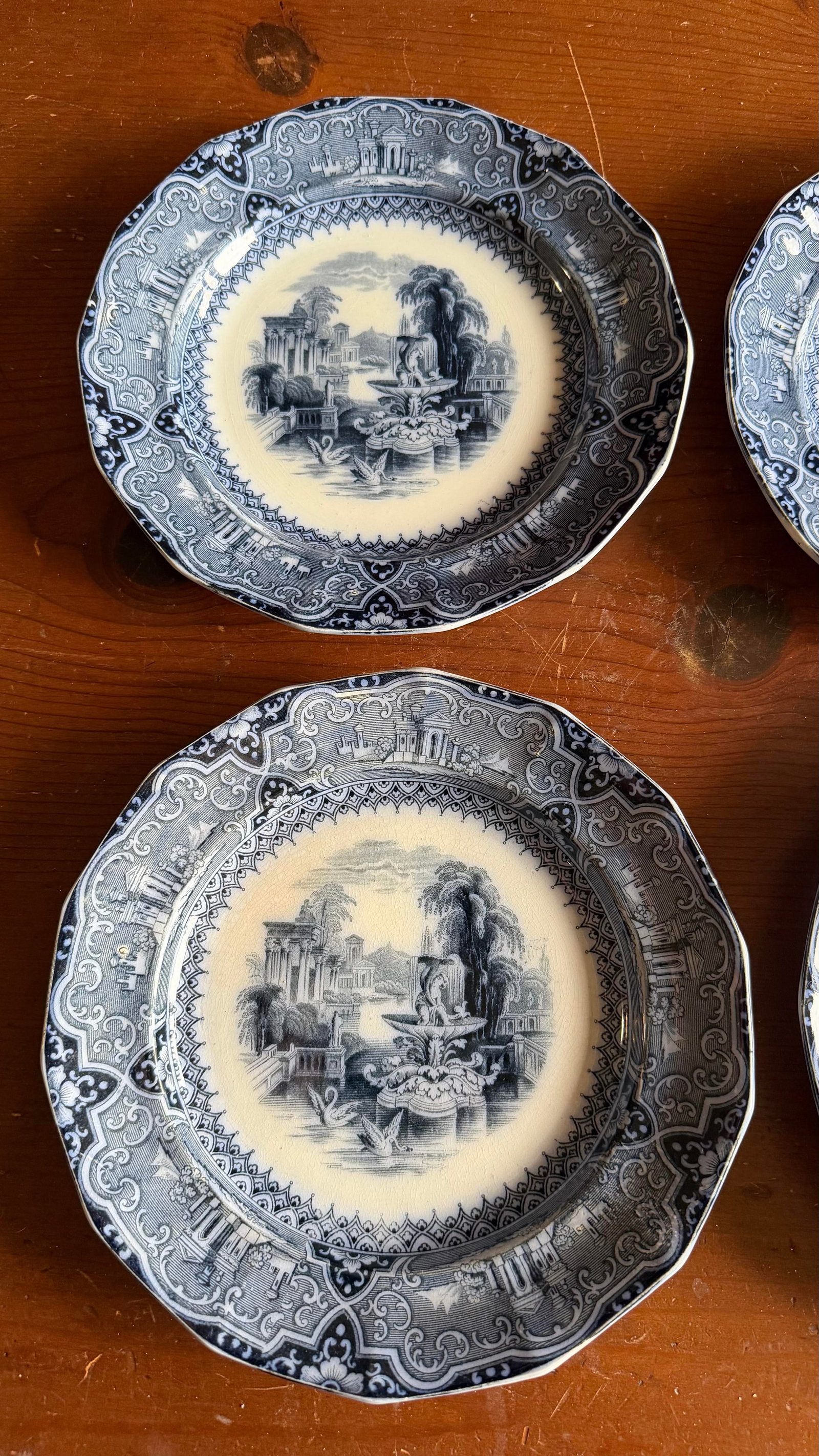 A Super Rare Set of 6 Antique Flow Black Ironstone Plates "Athens" by W. Adams, Circa 1850's - 7